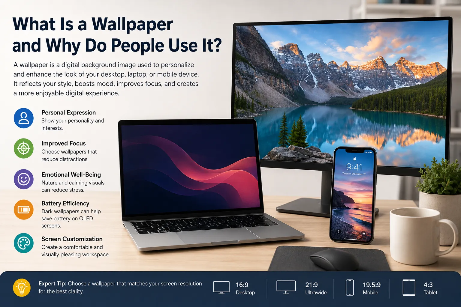 A modern infographic showing what a wallpaper is, featuring a desktop monitor, laptop, and smartphone displaying scenic and abstract wallpapers, with explanatory text about screen customization, productivity, and digital personalization.