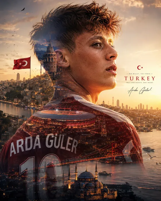 Arda Güler Turkey football double exposure AI poster