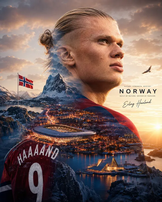 Football Double Exposure Prompt example featuring Erling Haland and Norway cinematic cityscape