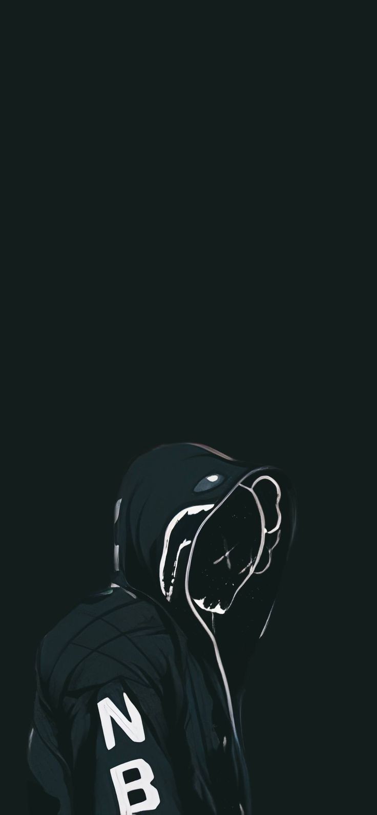 Abstract Hooded Figure with Unique Mask Design on Dark Background