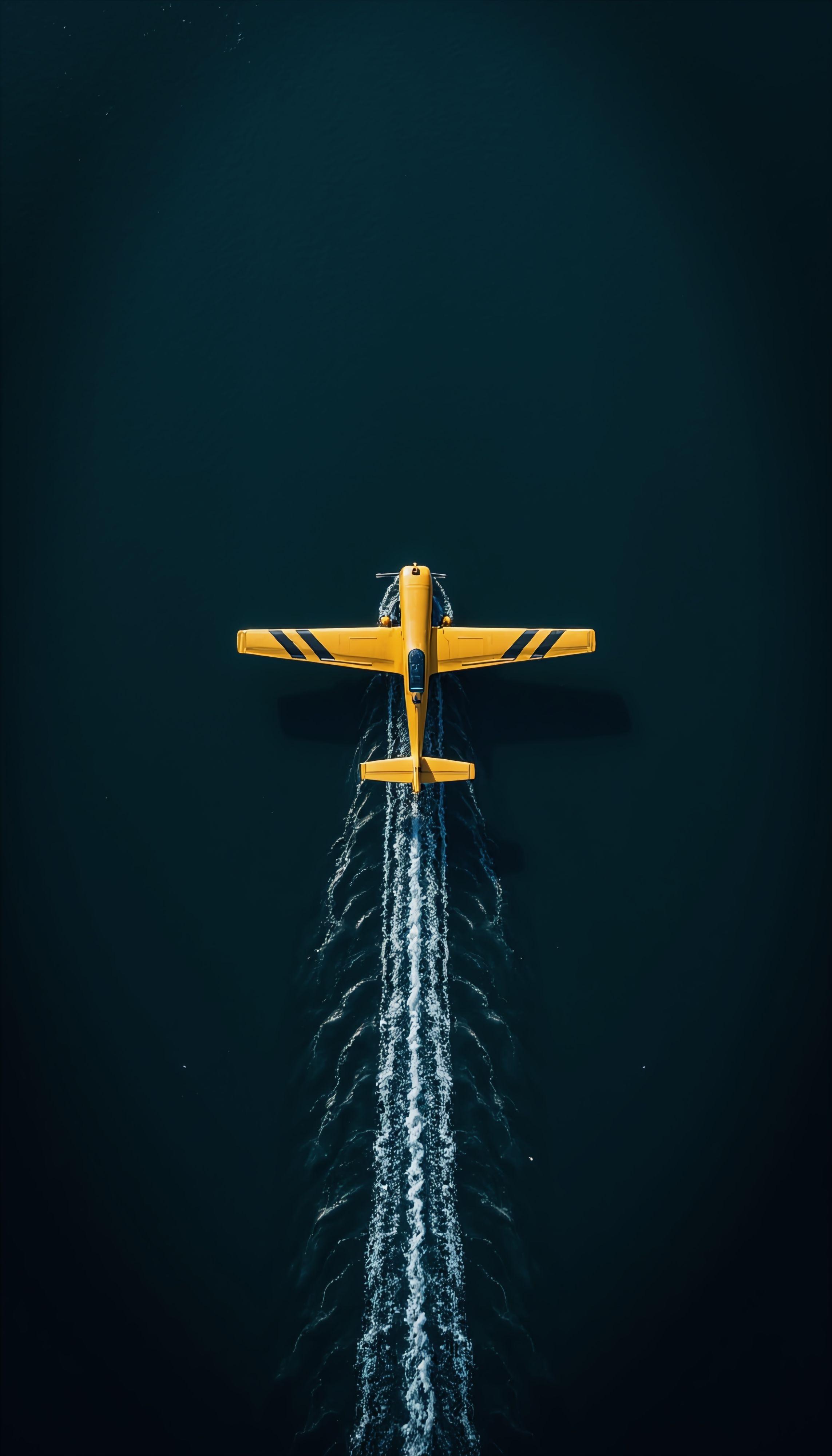 Aerial View of Yellow Seaplane Gliding Over Water