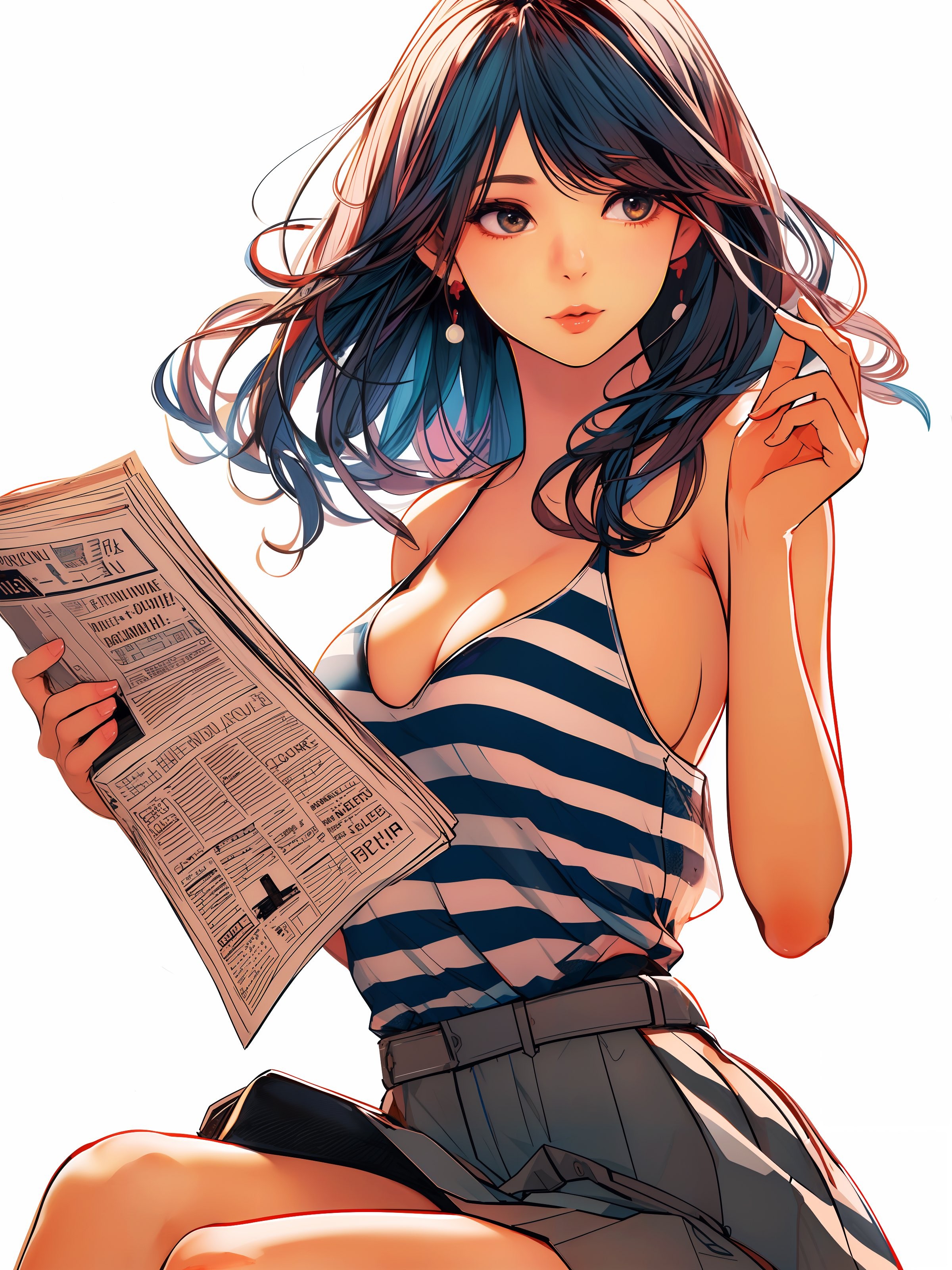 Anime Girl with Blue Hair Reading Newspaper in Striped Top
