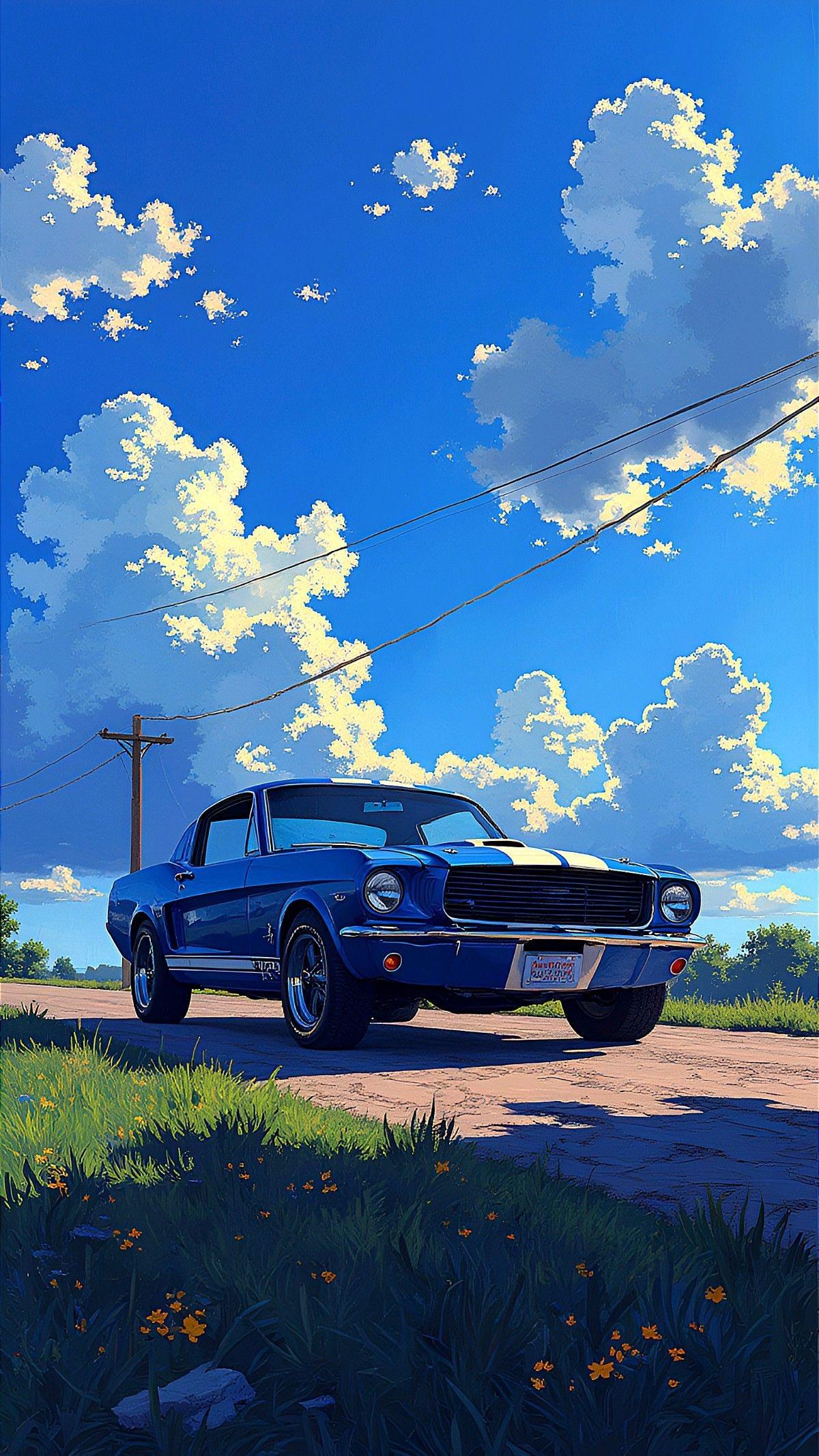 Anime Style Blue Ford Mustang
