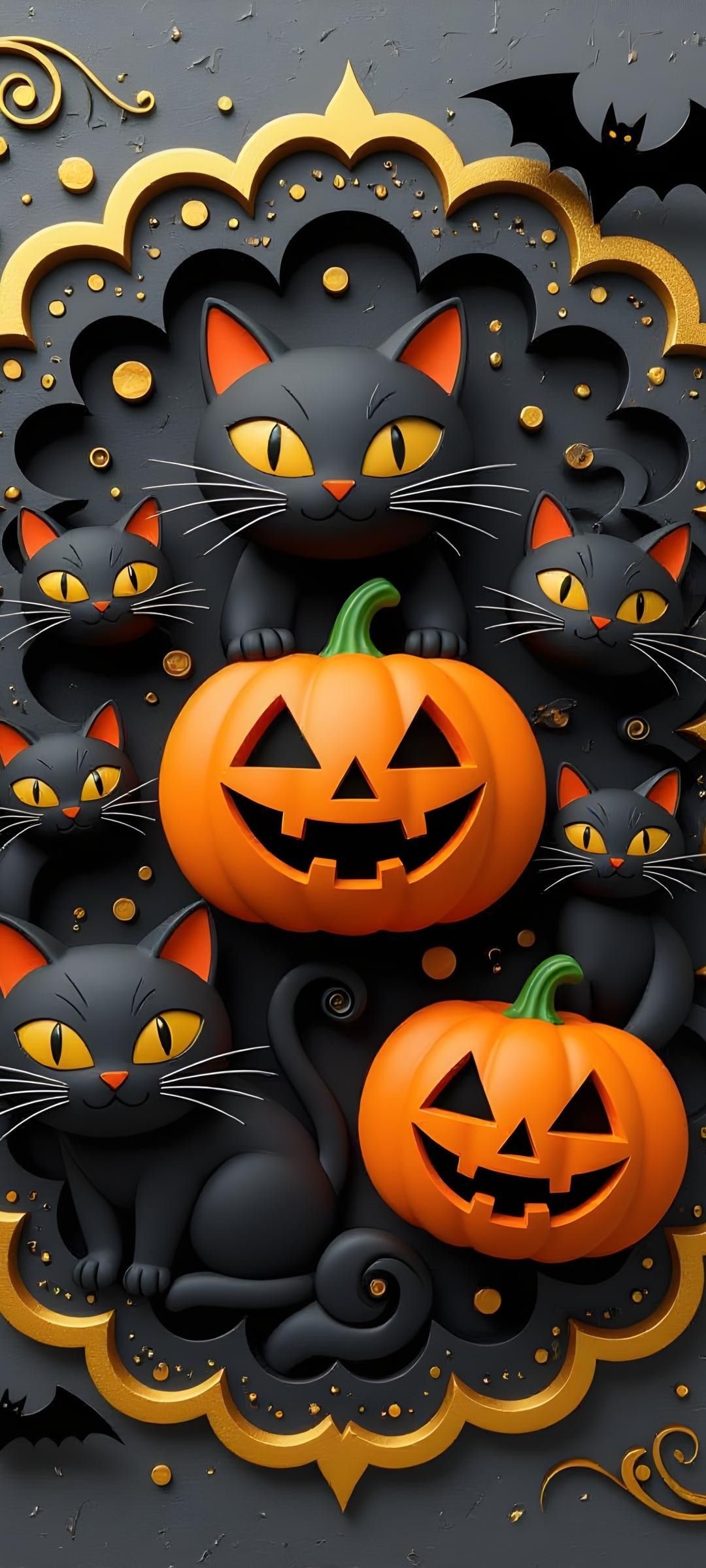 Black Cats with Glowing Eyes and Pumpkins