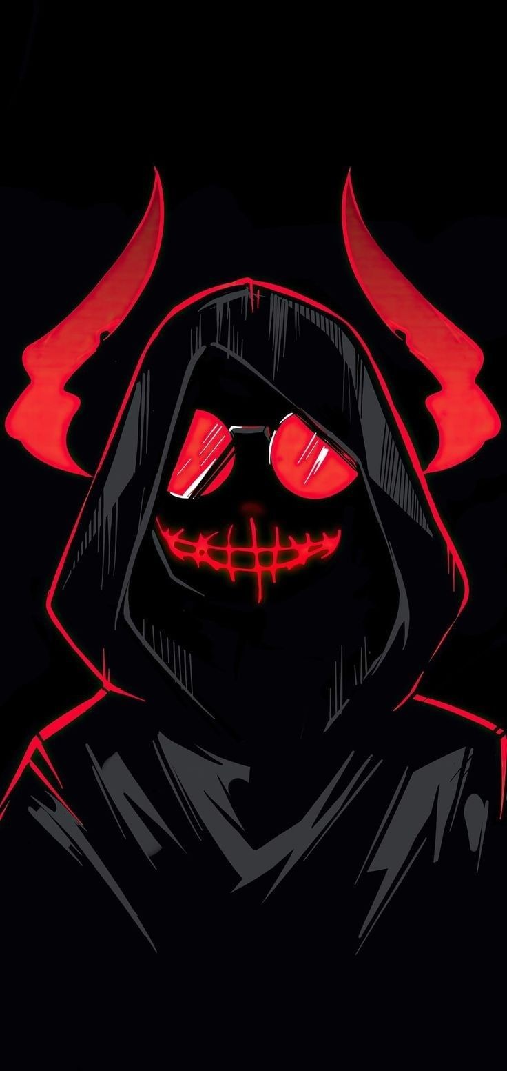 Cyberpunk Demon Hooded Character with Red Visor and Smile
