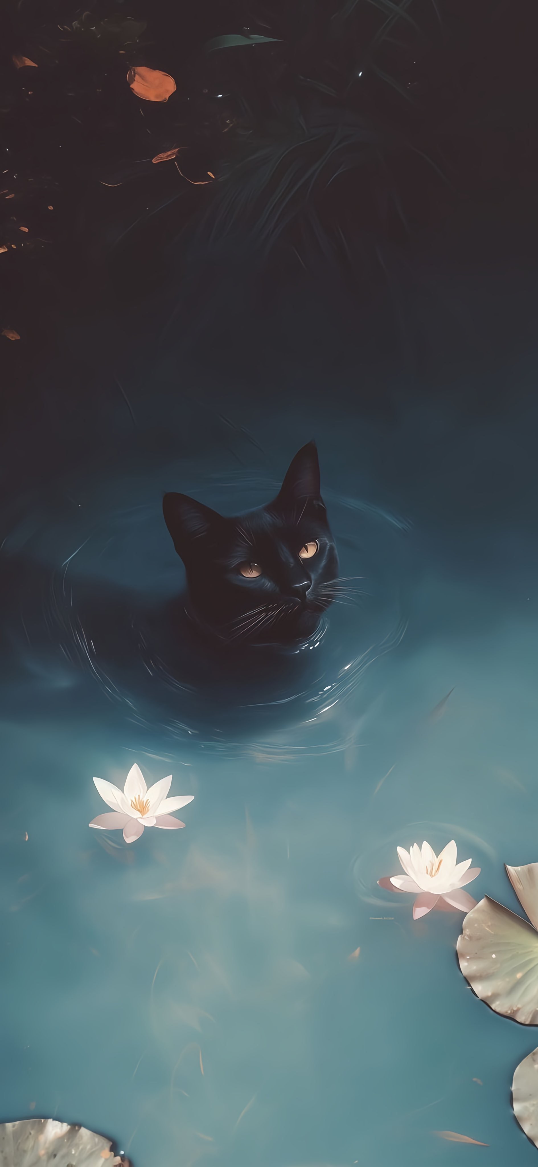Dark Cat in Lily Pond