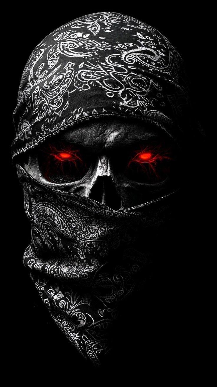 Dark Skull with Glowing Red Eyes in Bandana