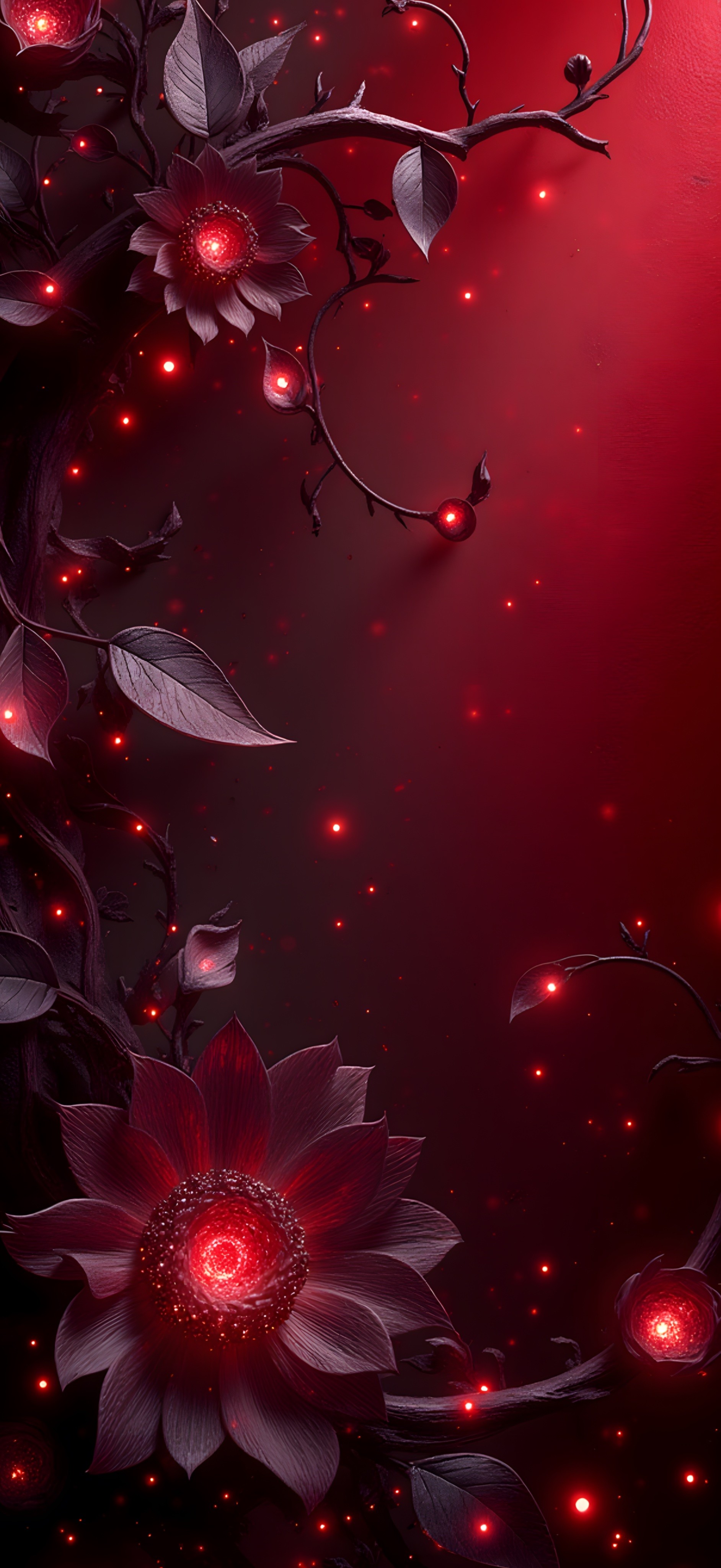 Deep Red Blooms and Sparkling Lights