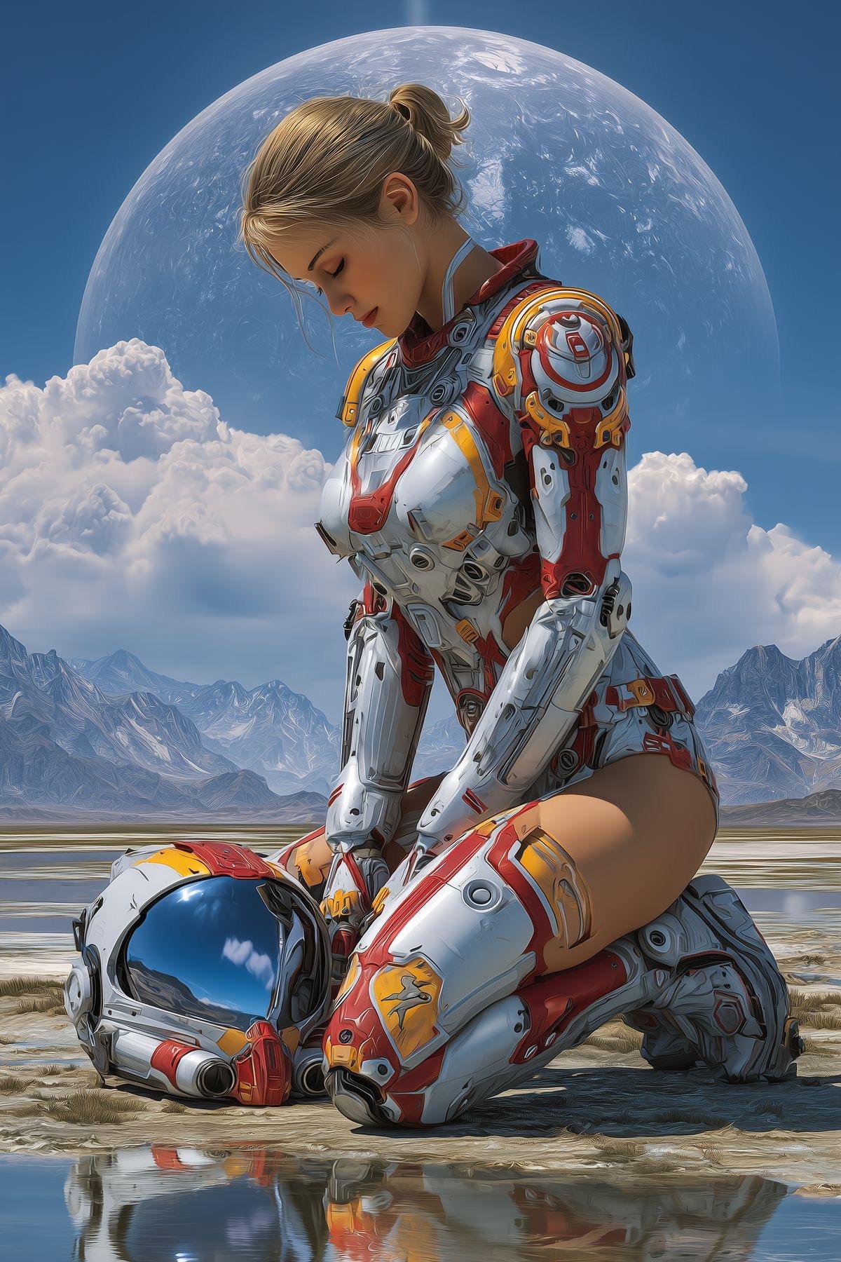 Female Astronaut on Alien Planet with Giant Moon