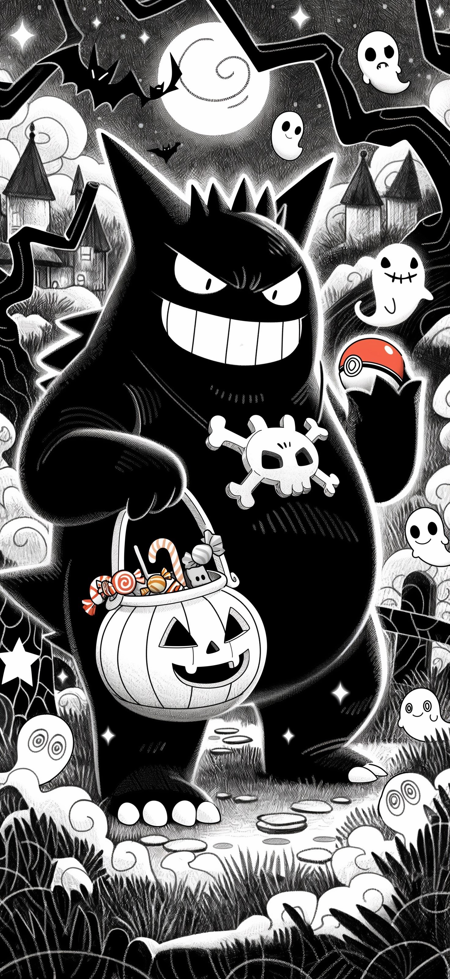 Halloween Gengar in Black and White Graveyard Scene