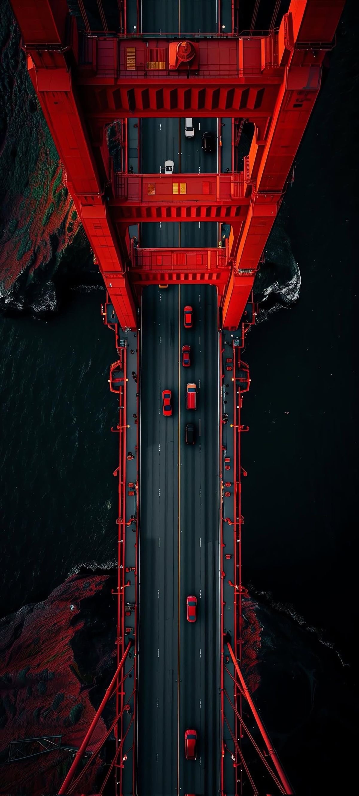 Iconic Red Bridge Over Dark Water with Traffic