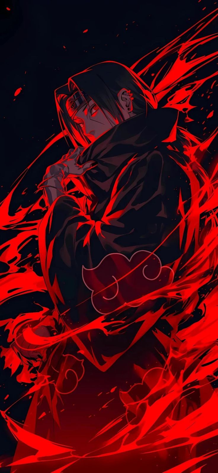 Itachi with Sharingan Eyes and Intense Red Energy