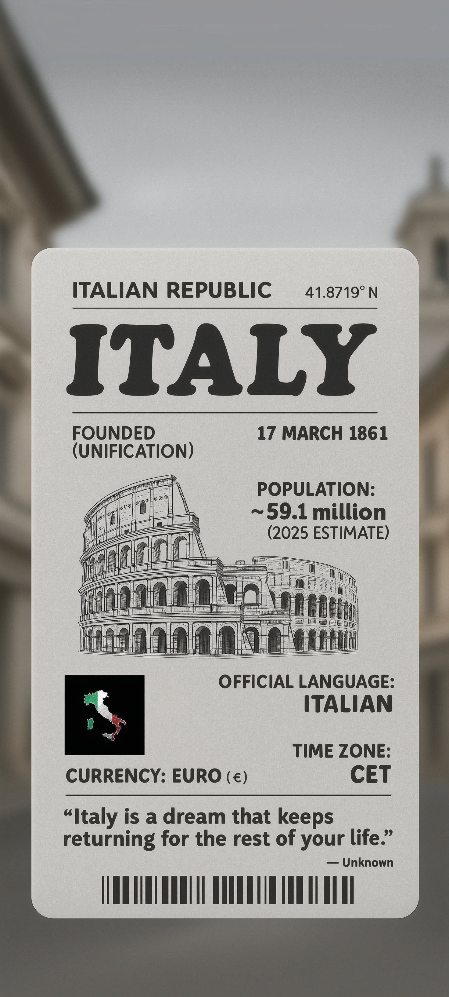 Italy Fact Card Country Profile and Colosseum Icon