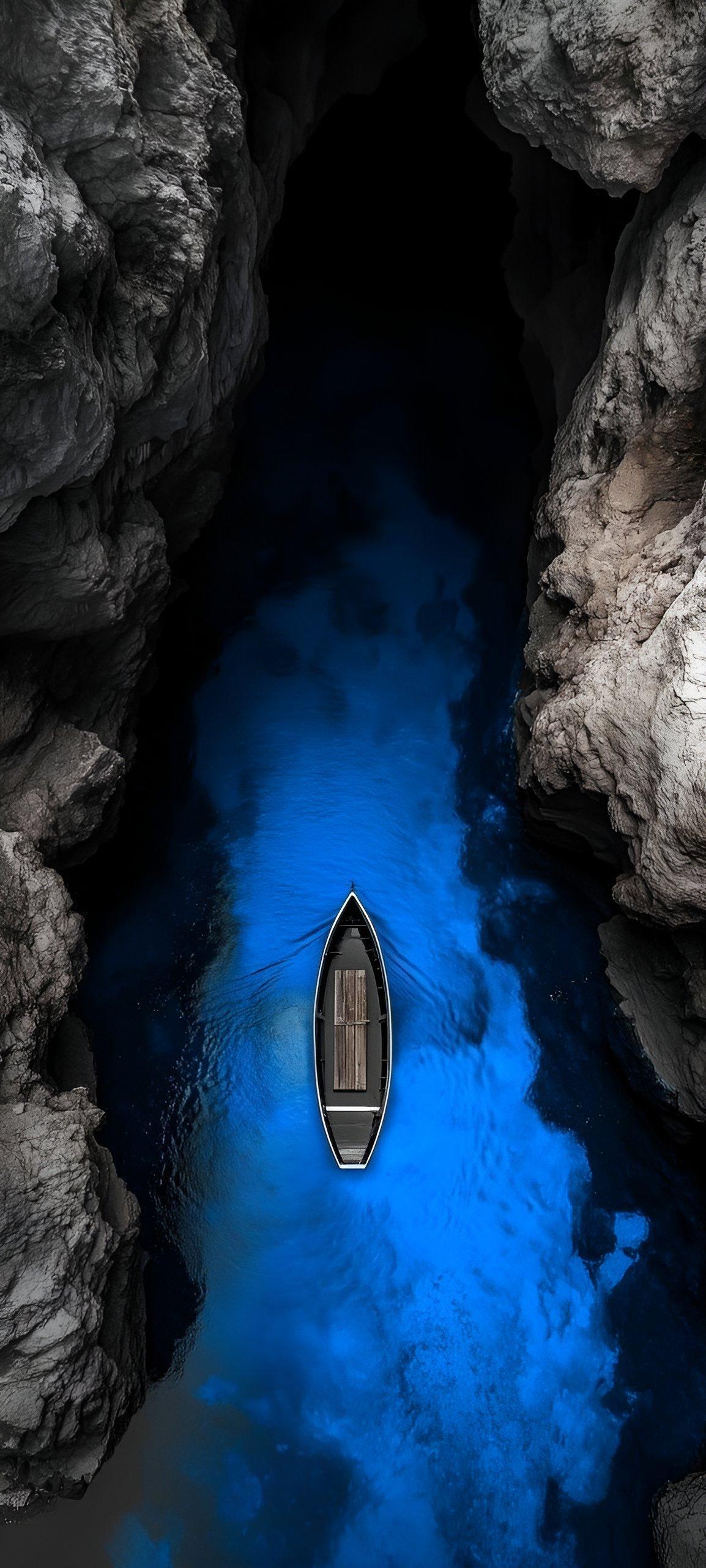 Lonely Rowboat in a Blue Cave