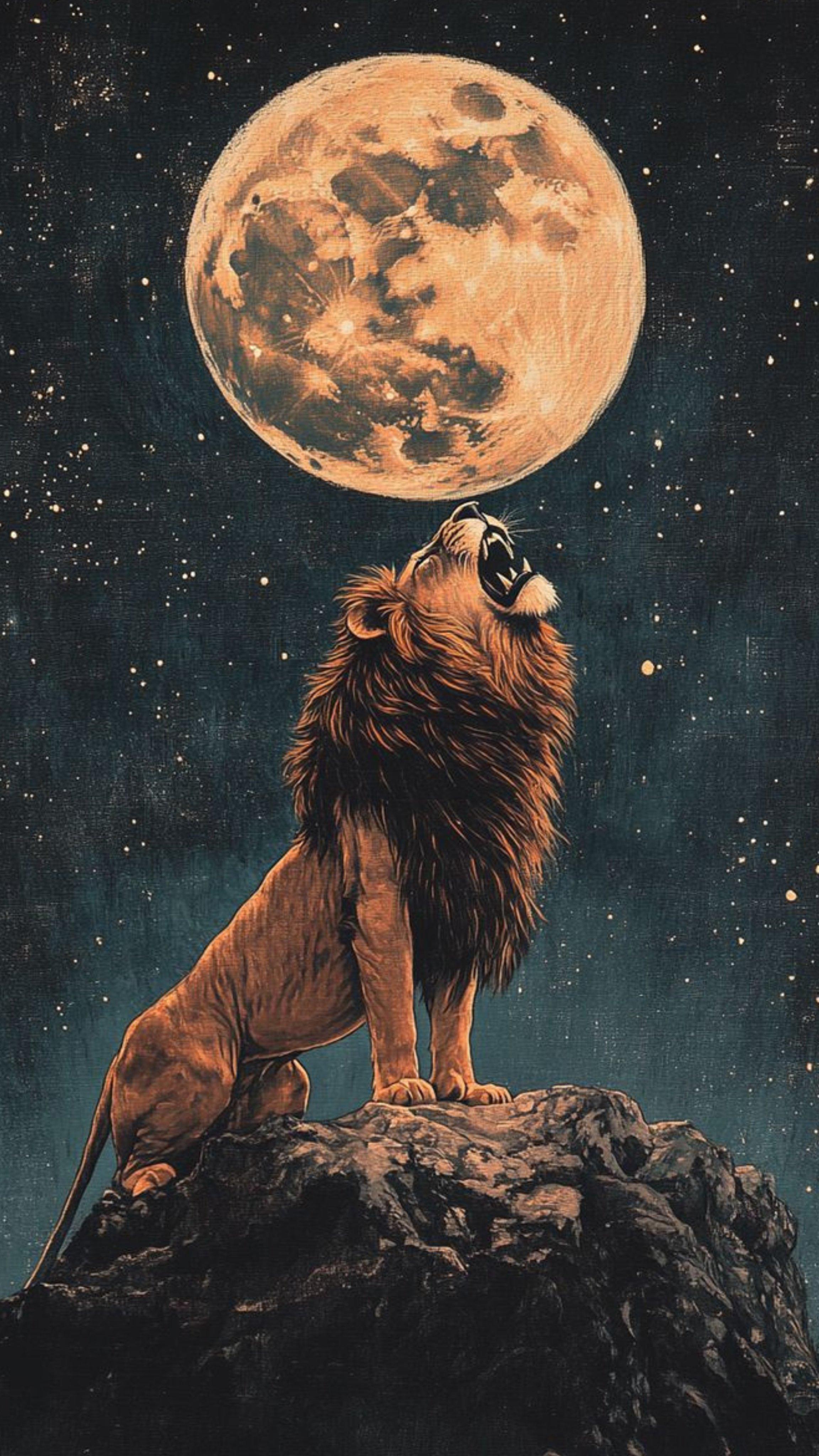 Majestic Lion Howling at the Moon