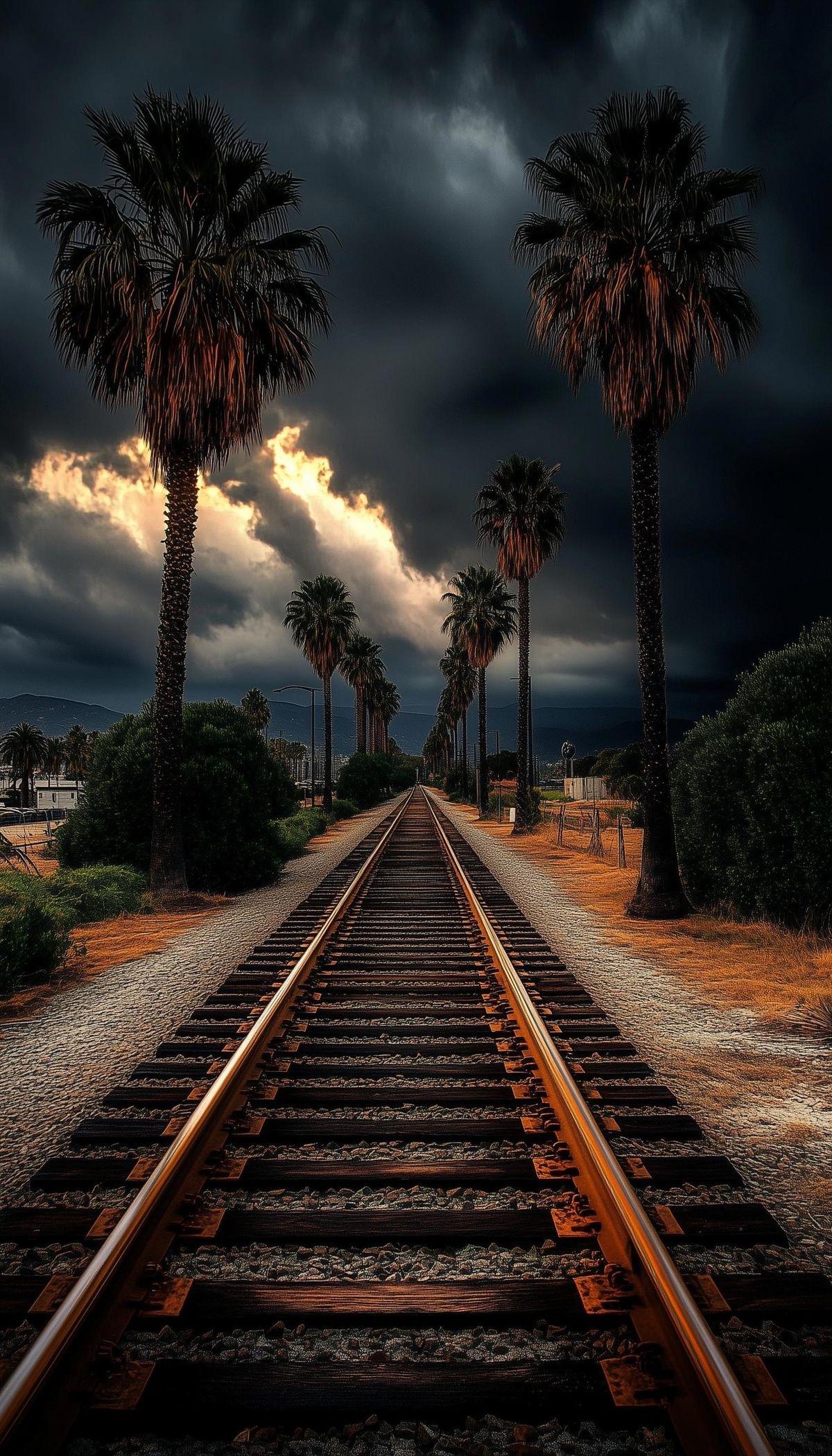 Moody Railway with Palm Trees and Stormy Sky
