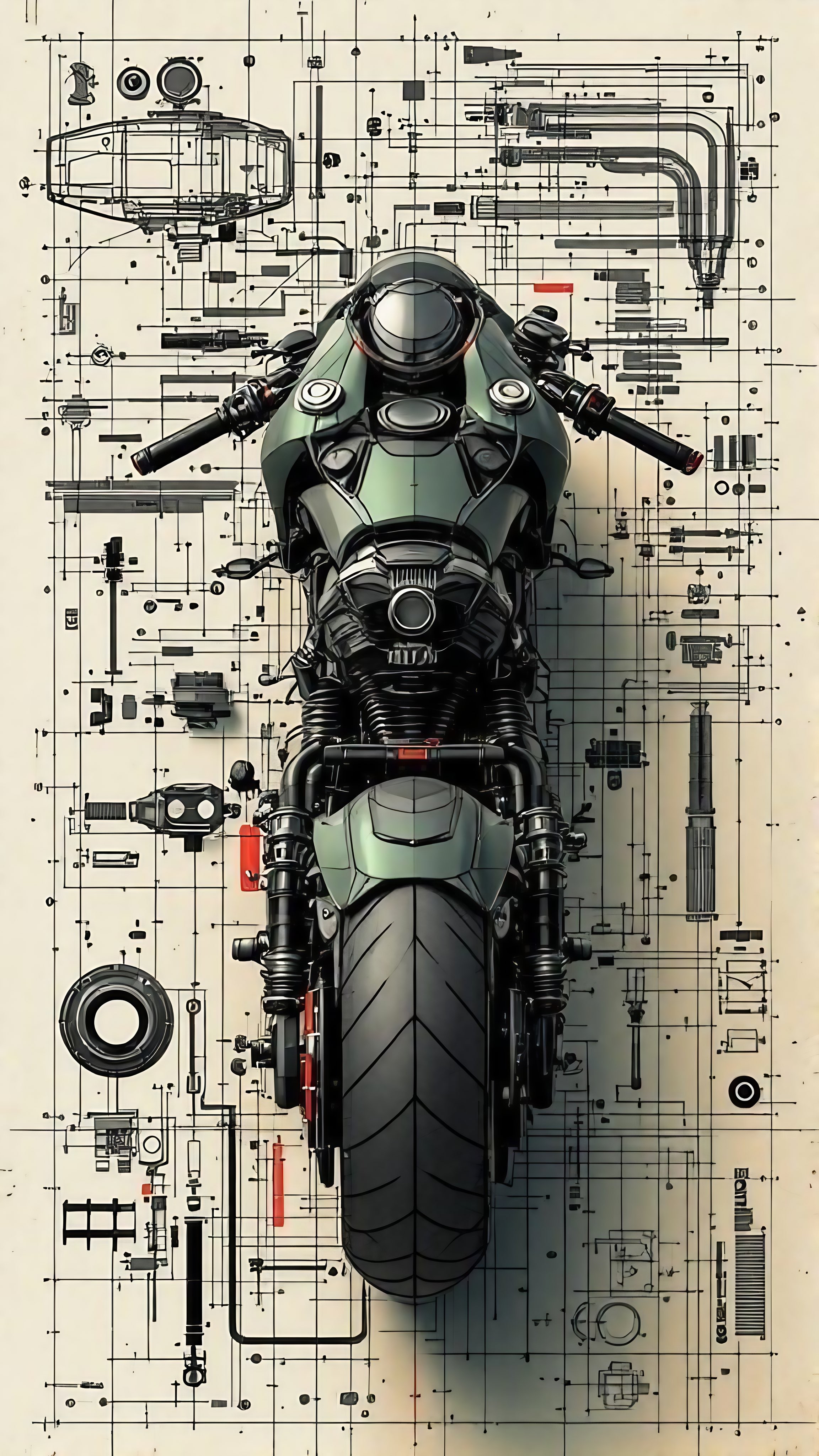 Motorcycle Design Schematic with Green Cafe Racer