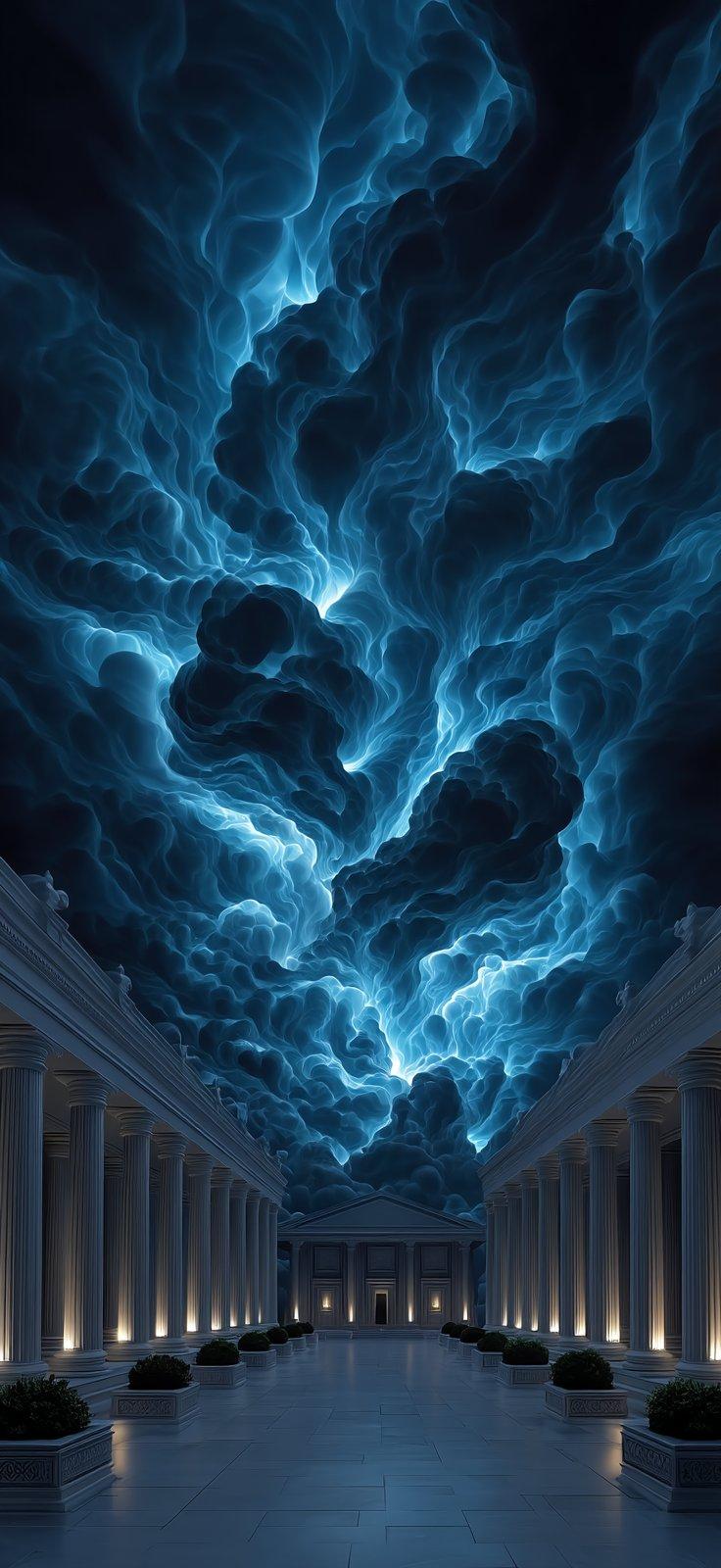 Mystical Temple Under Electric Blue Clouds