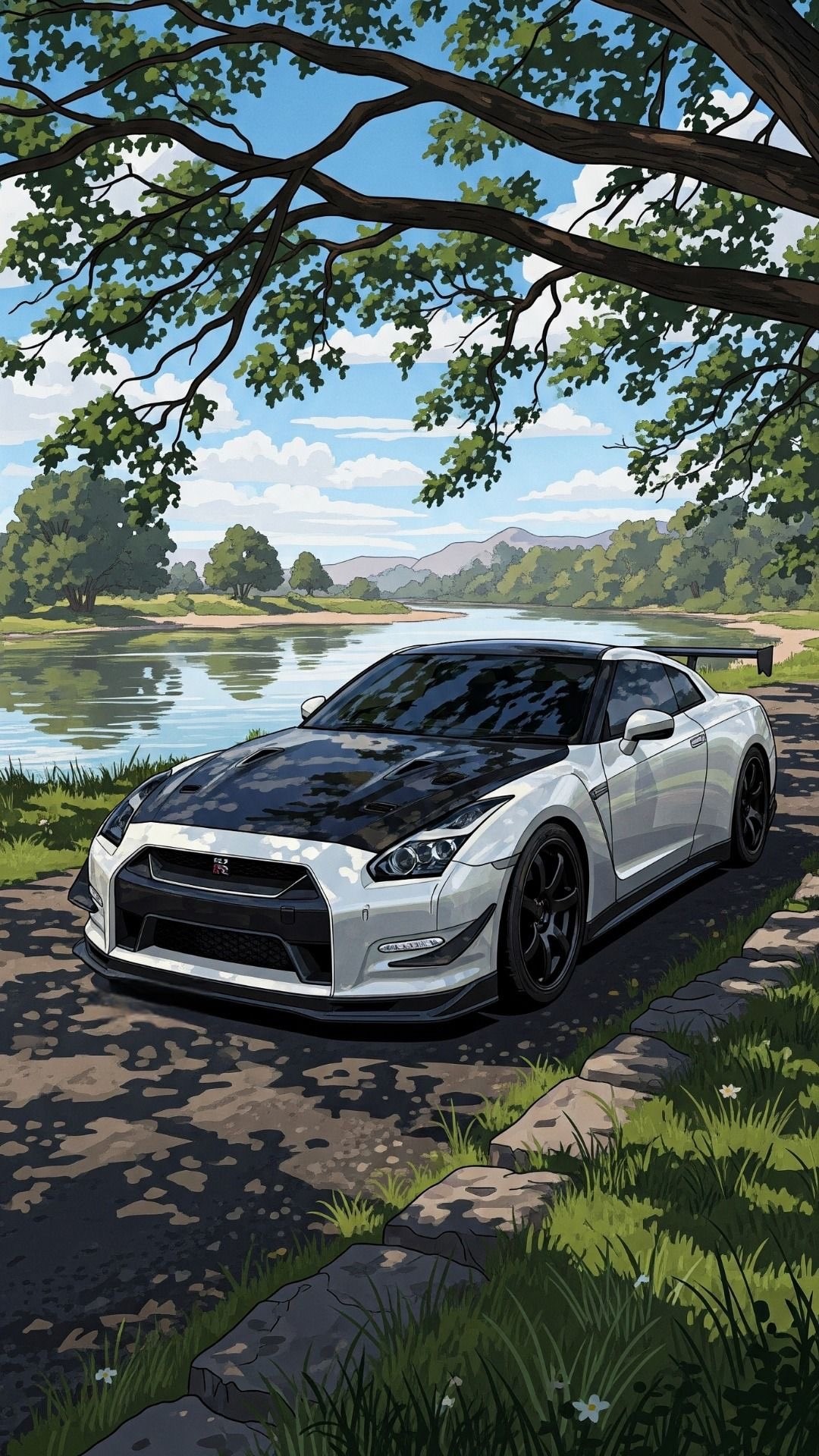 Nissan GT-R with Carbon Hood by a River
