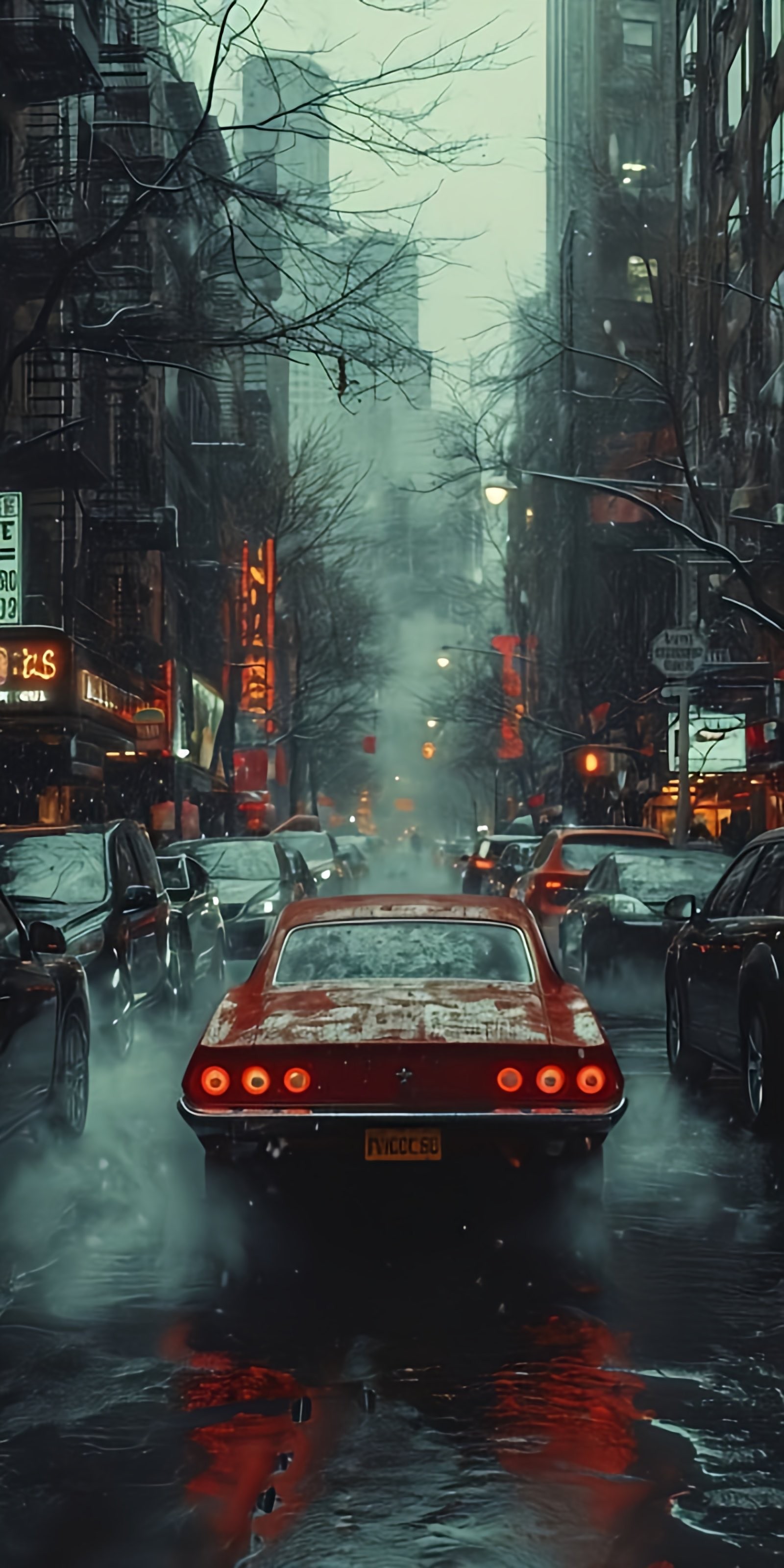 Old Car in Heavy Traffic Under Bleak Sky