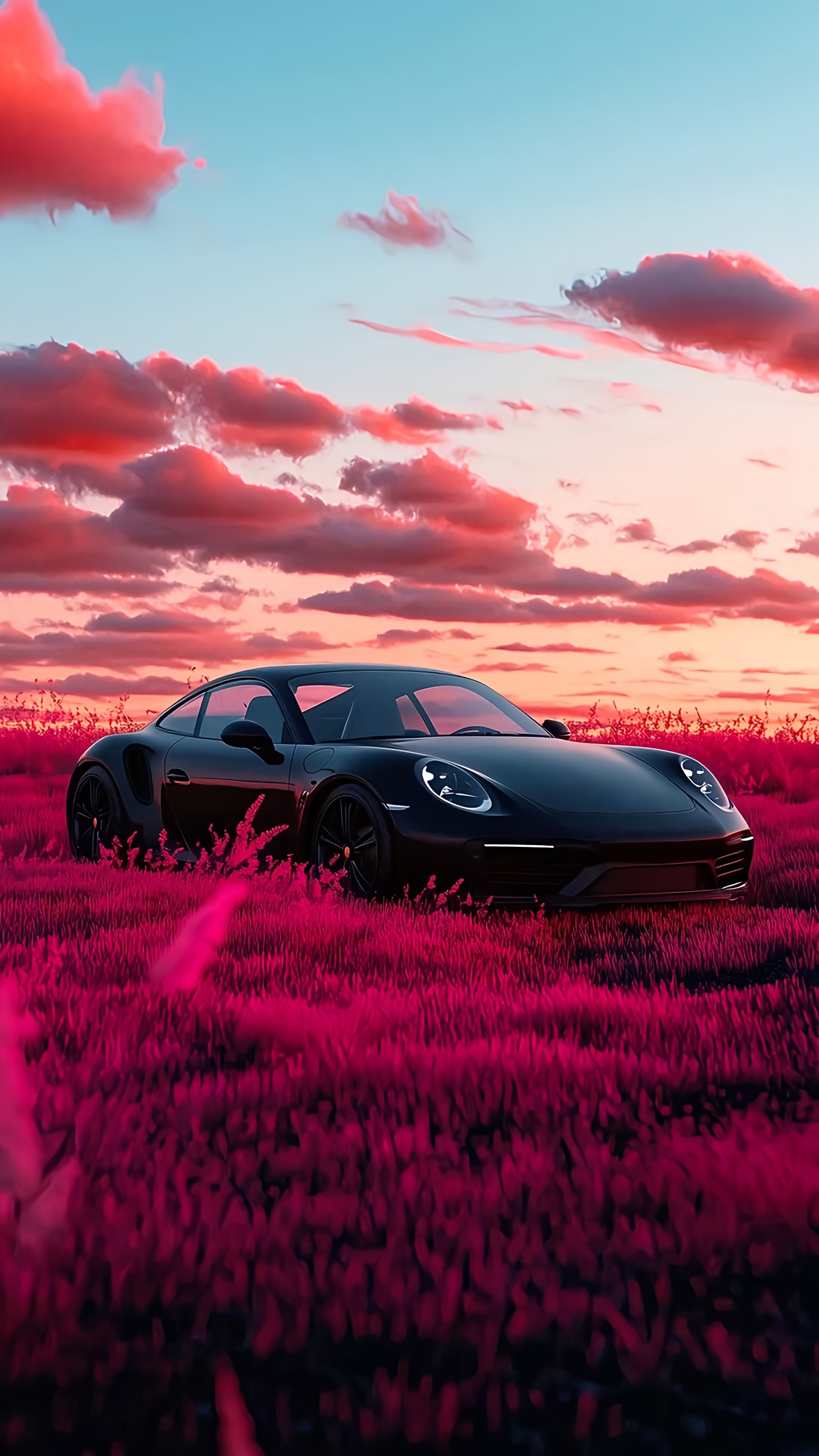 Porsche Under a Dramatic Pink and Blue Sky