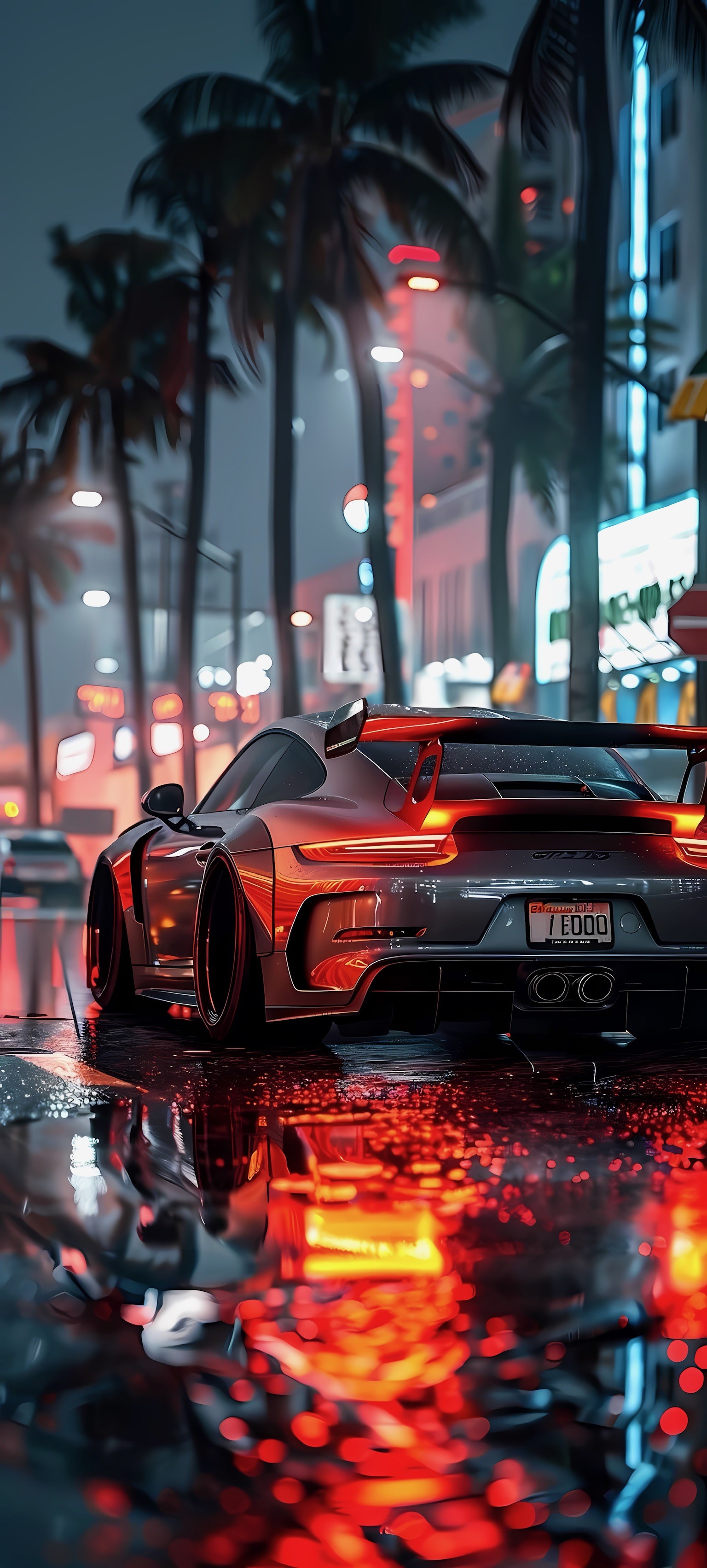 Porsche with Glowing Taillights in Urban Rain