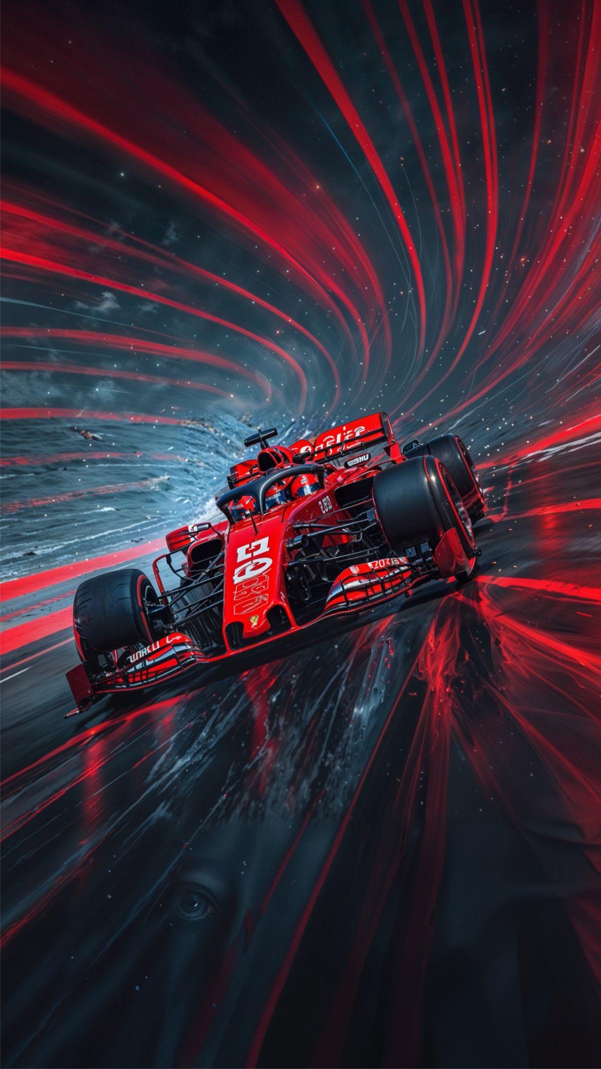 Red Formula 1 Car in Space Vortex