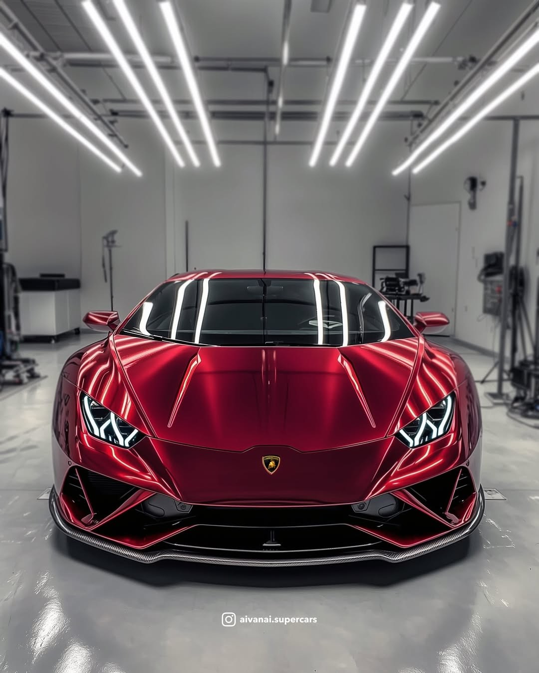 Red Lamborghini Huracán in a Brightly Lit Garage
