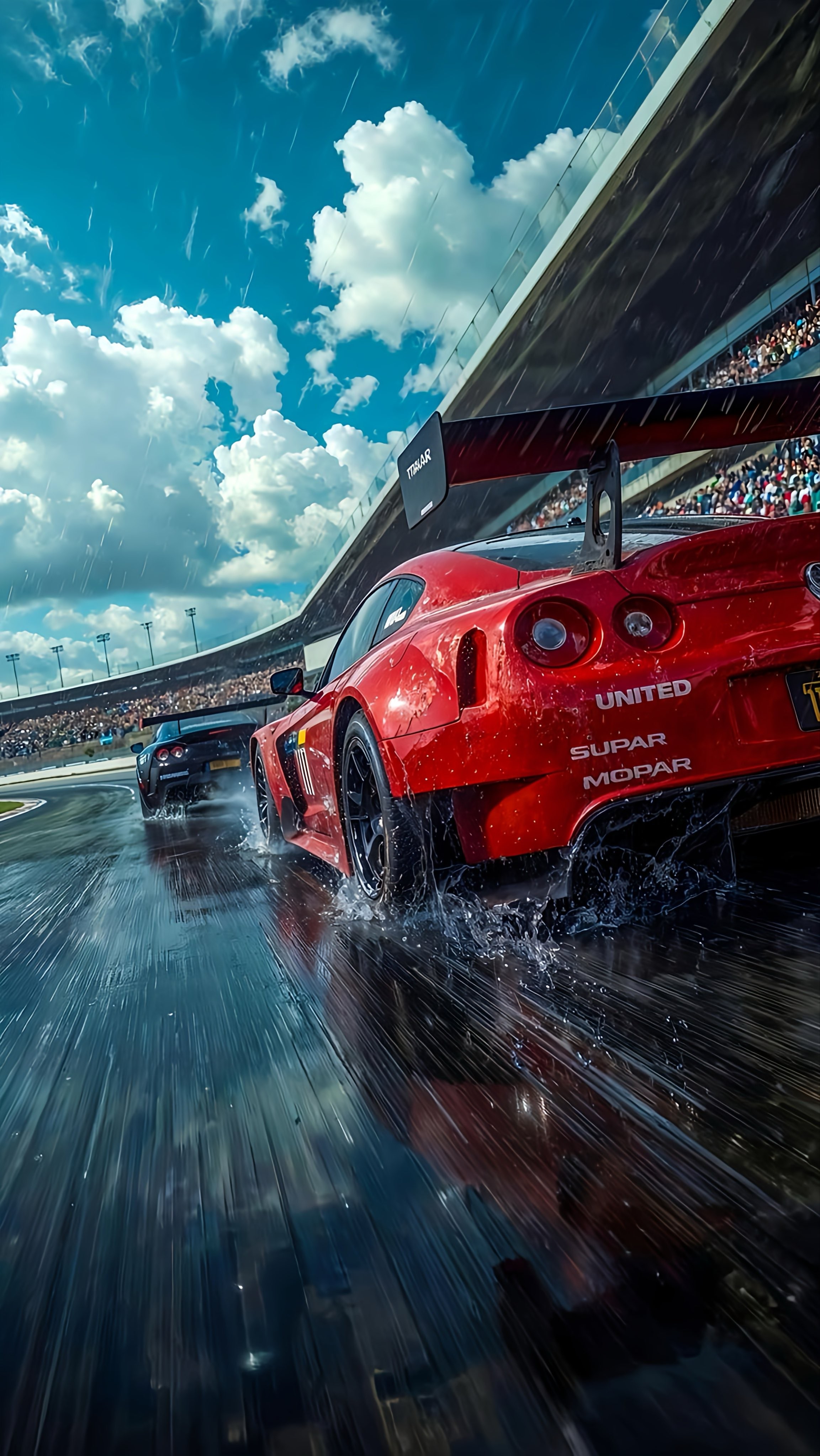 Red Nissan GT-R Racing in the Rain on a Racetrack