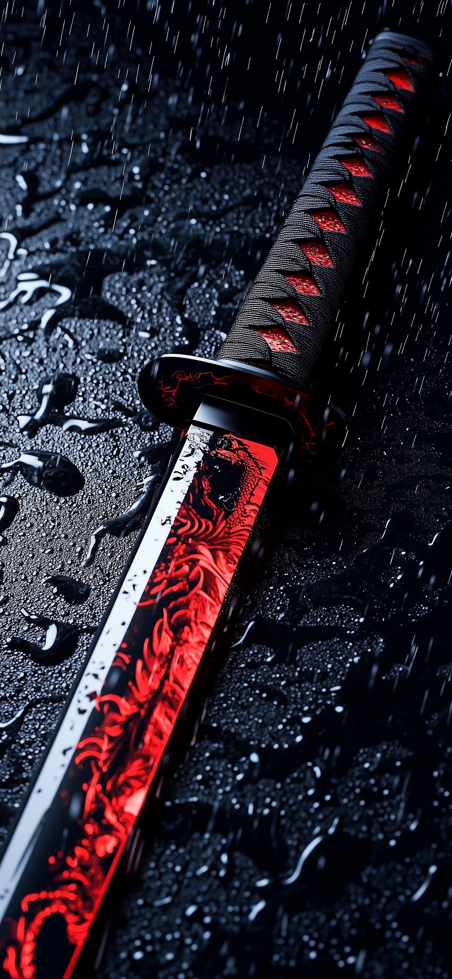Samurai Katana Blade with Red Dragon Design in Rain