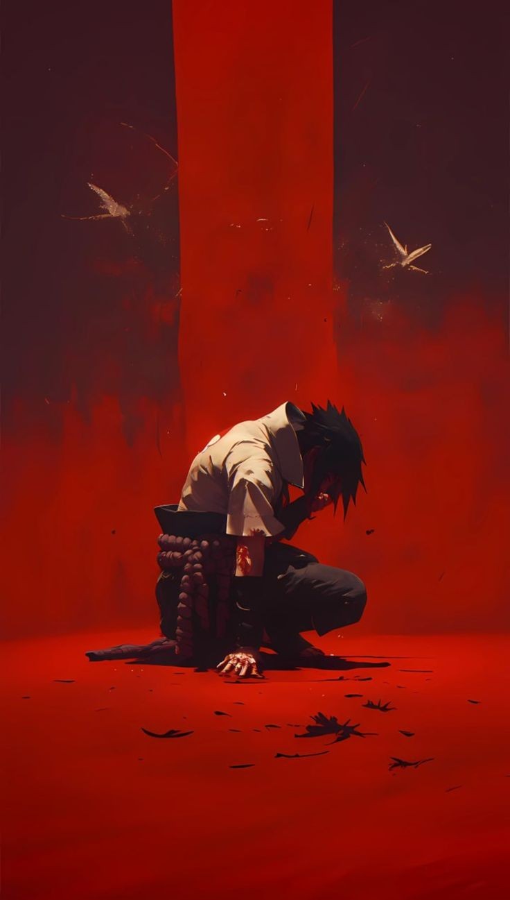 Sasuke in Anguish, Surrounded by Red Hues