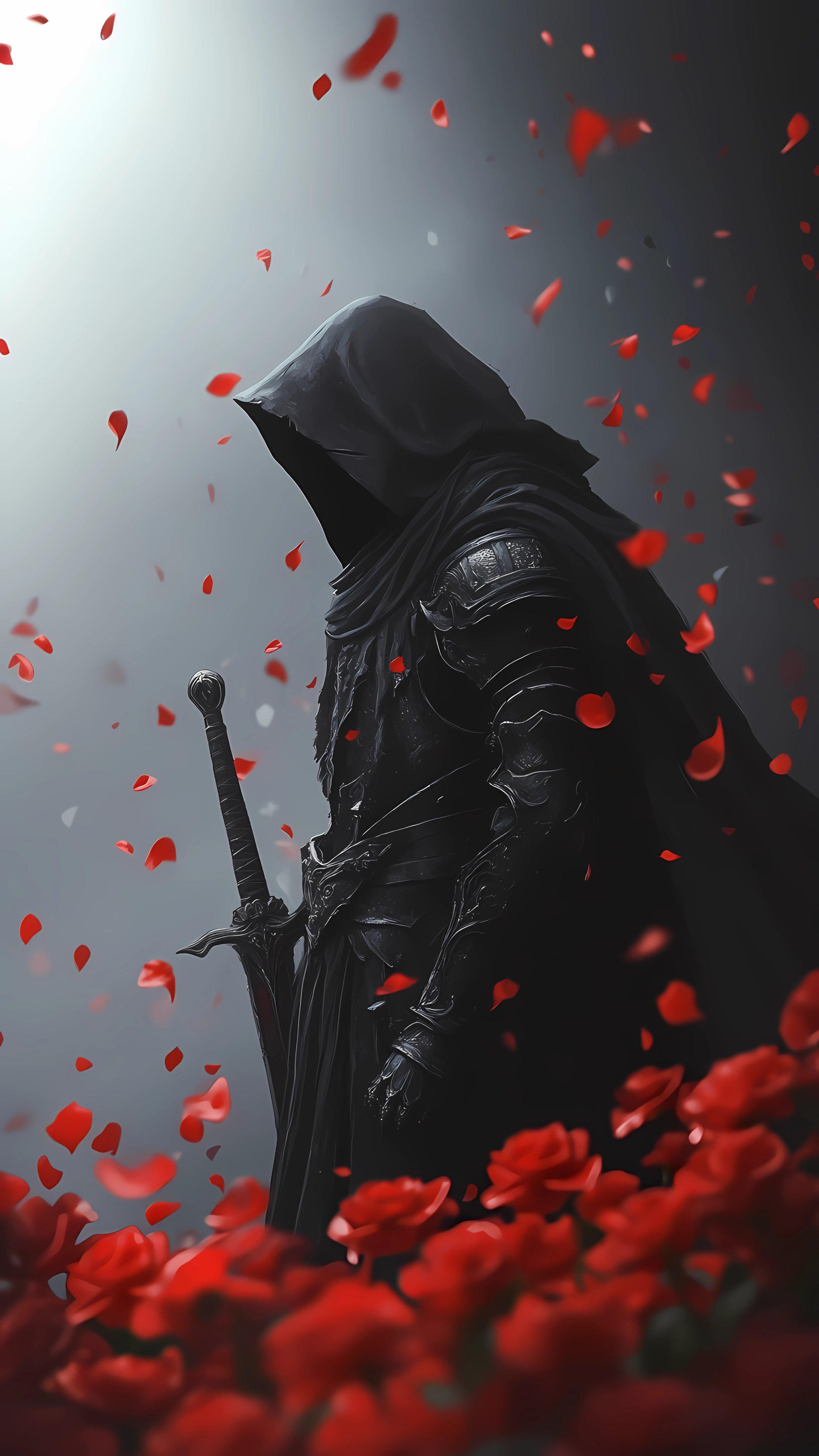 Shadowed Warrior Amidst Roses