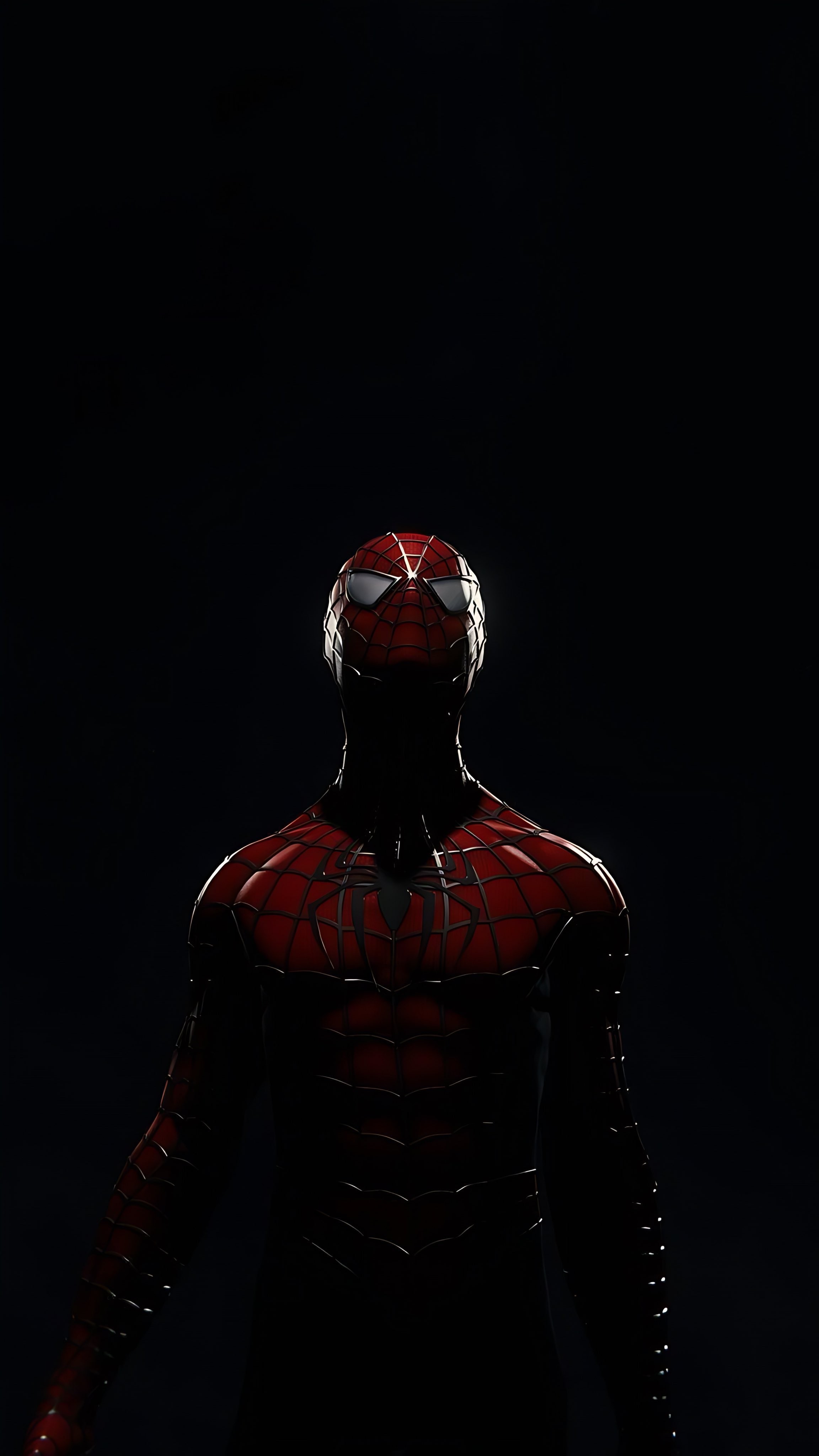 Shadowy Spider-Man Suit with Dramatic Lighting on Black