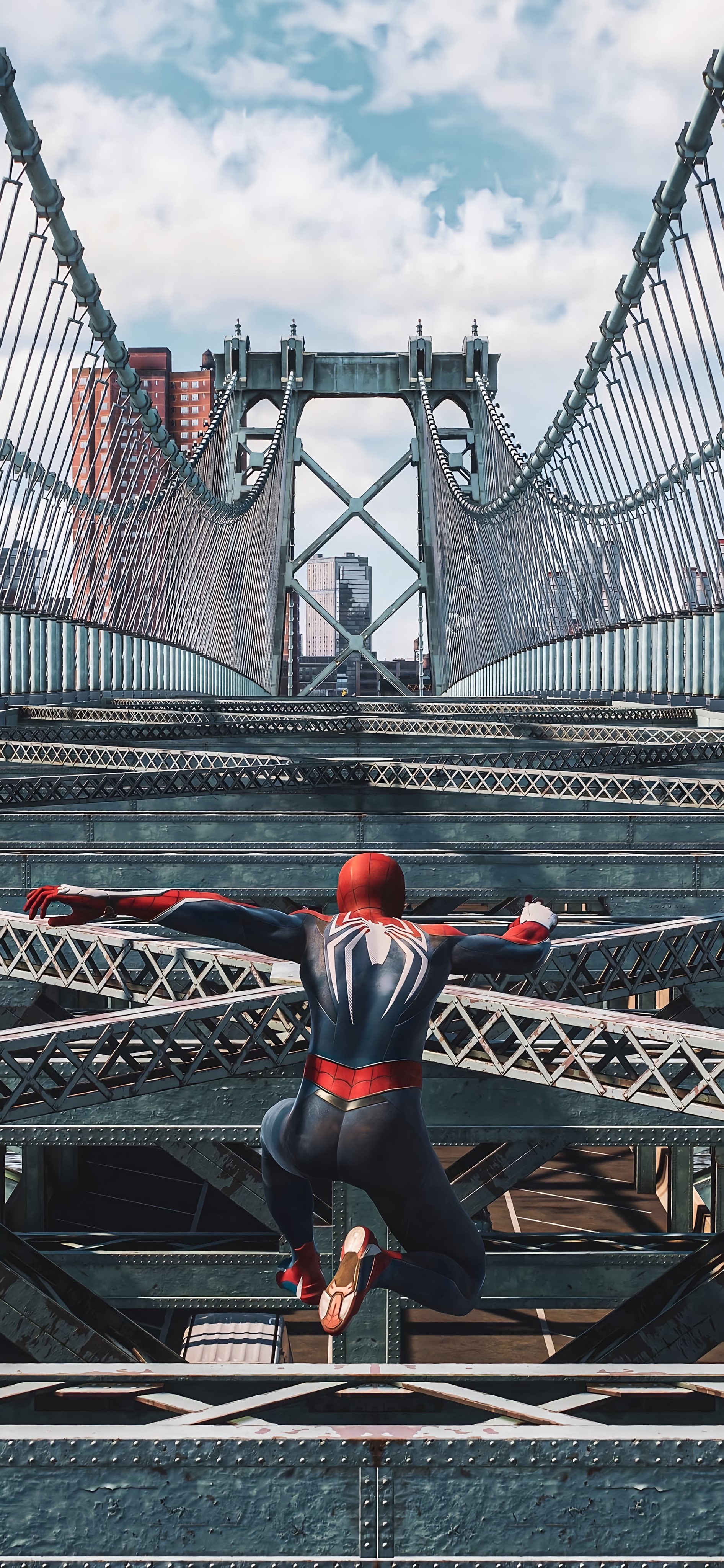 Spider-Man Mid-Air Leap from a Suspension Bridge