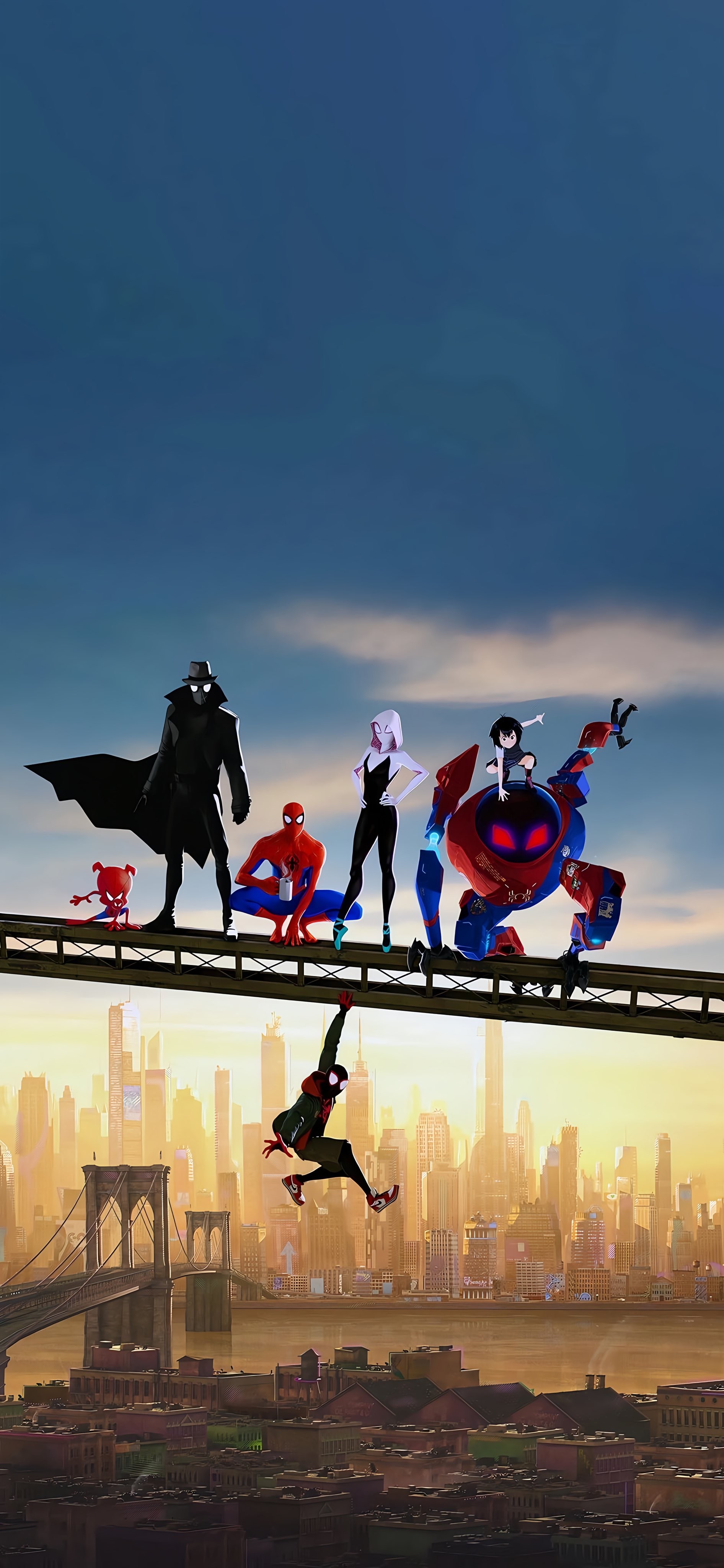 Spider-Verse Characters on Bridge Over City Skyline at Sunset