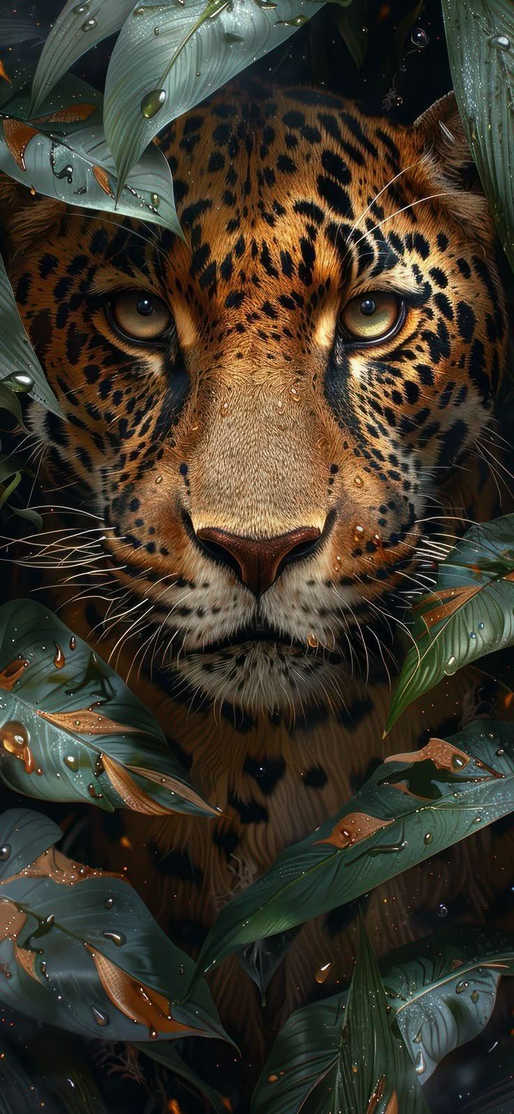 Stunning Jaguar Face in Rainforest Leaves