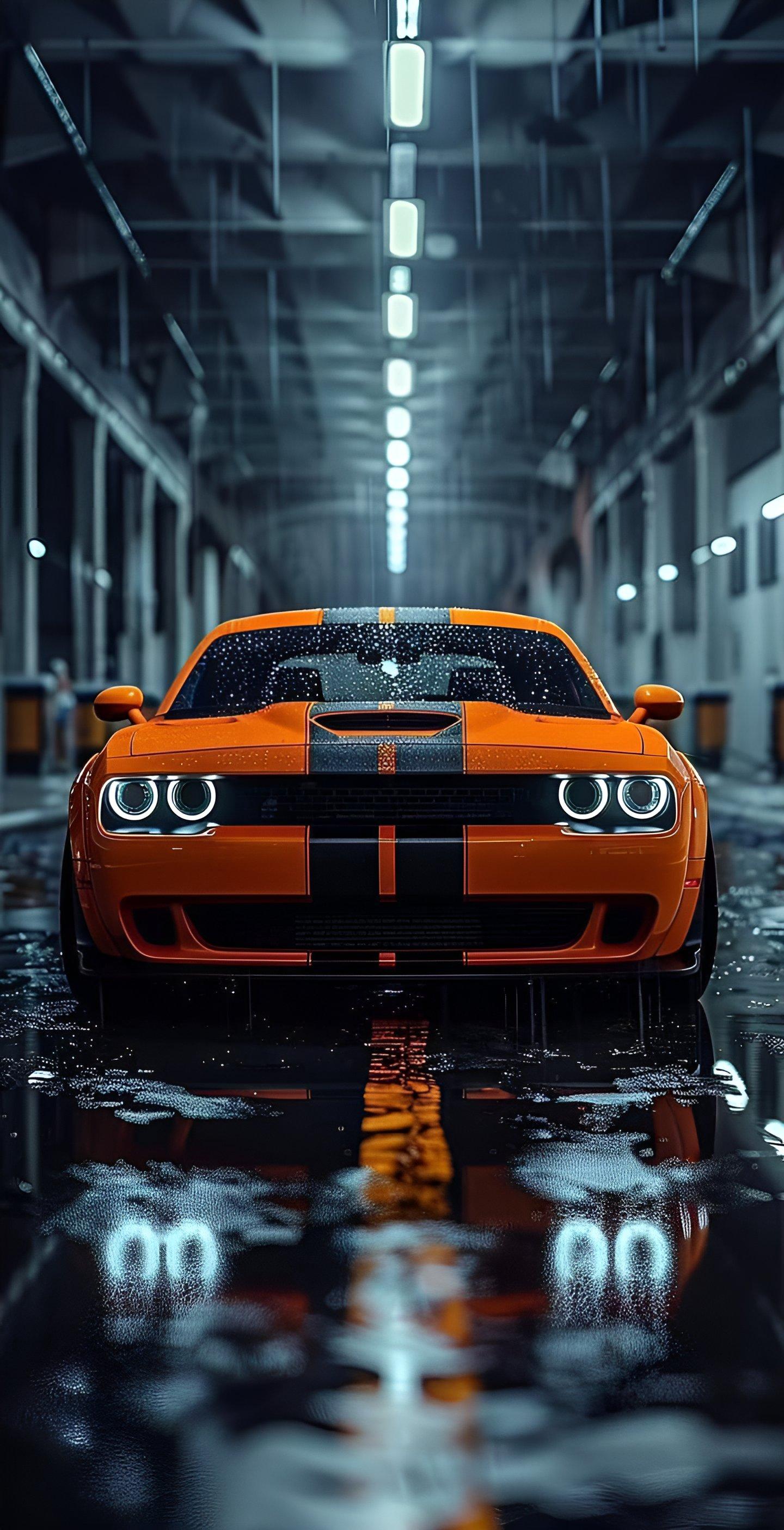 Stunning Orange Dodge Challenger in a Rainy Garage