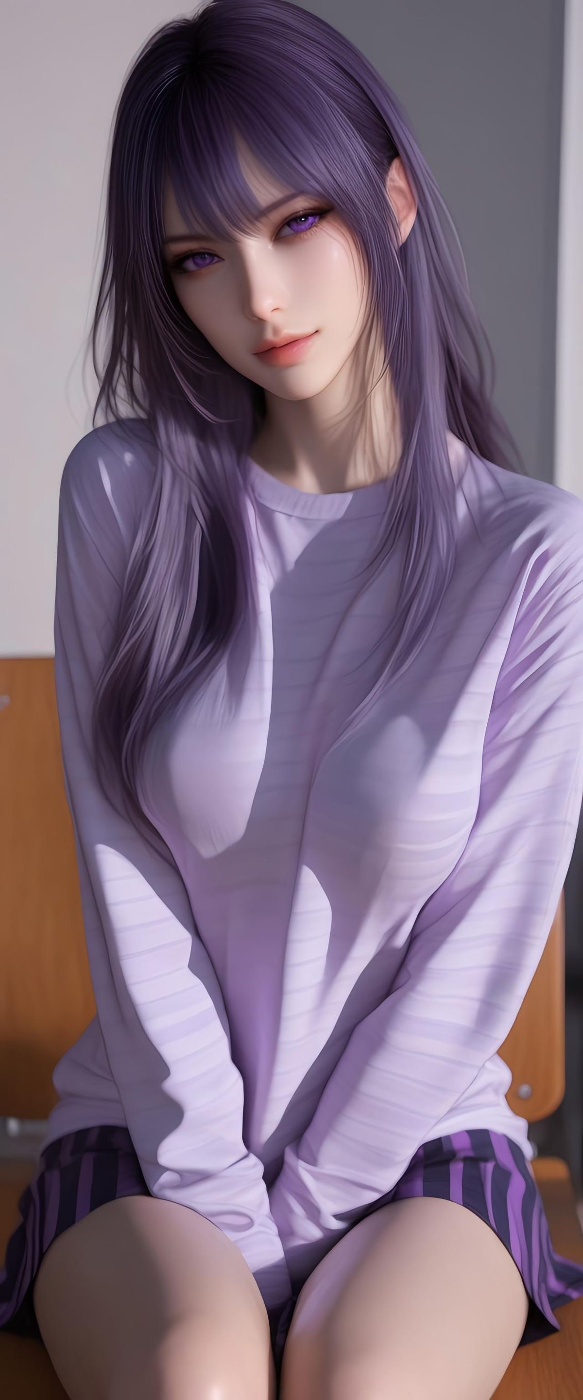 Stunning Purple-Haired Anime Girl in Casual Outfit