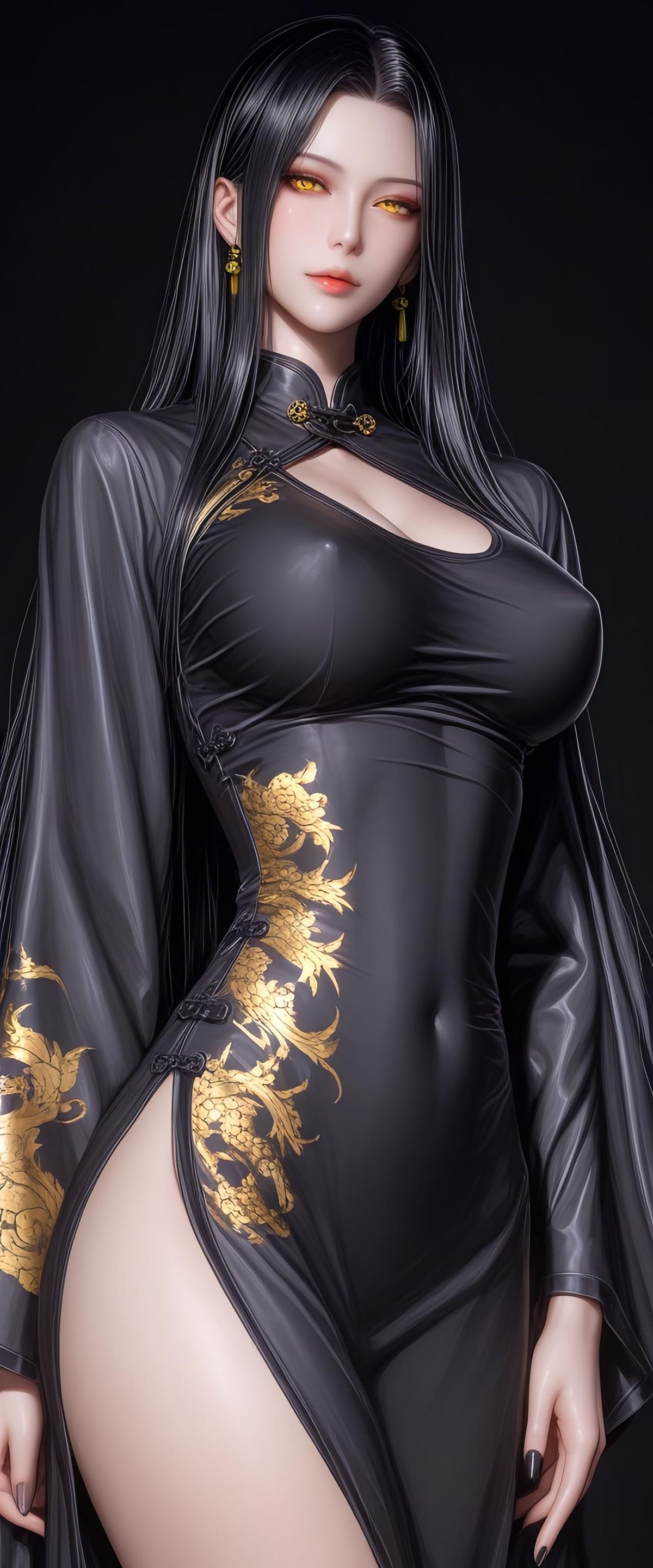 Stunning Woman in Elegant Black Cheongsam