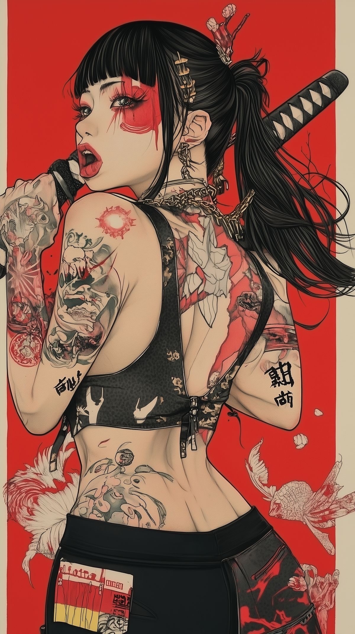Stylish Woman with Red Makeup and Intricate Tattoos