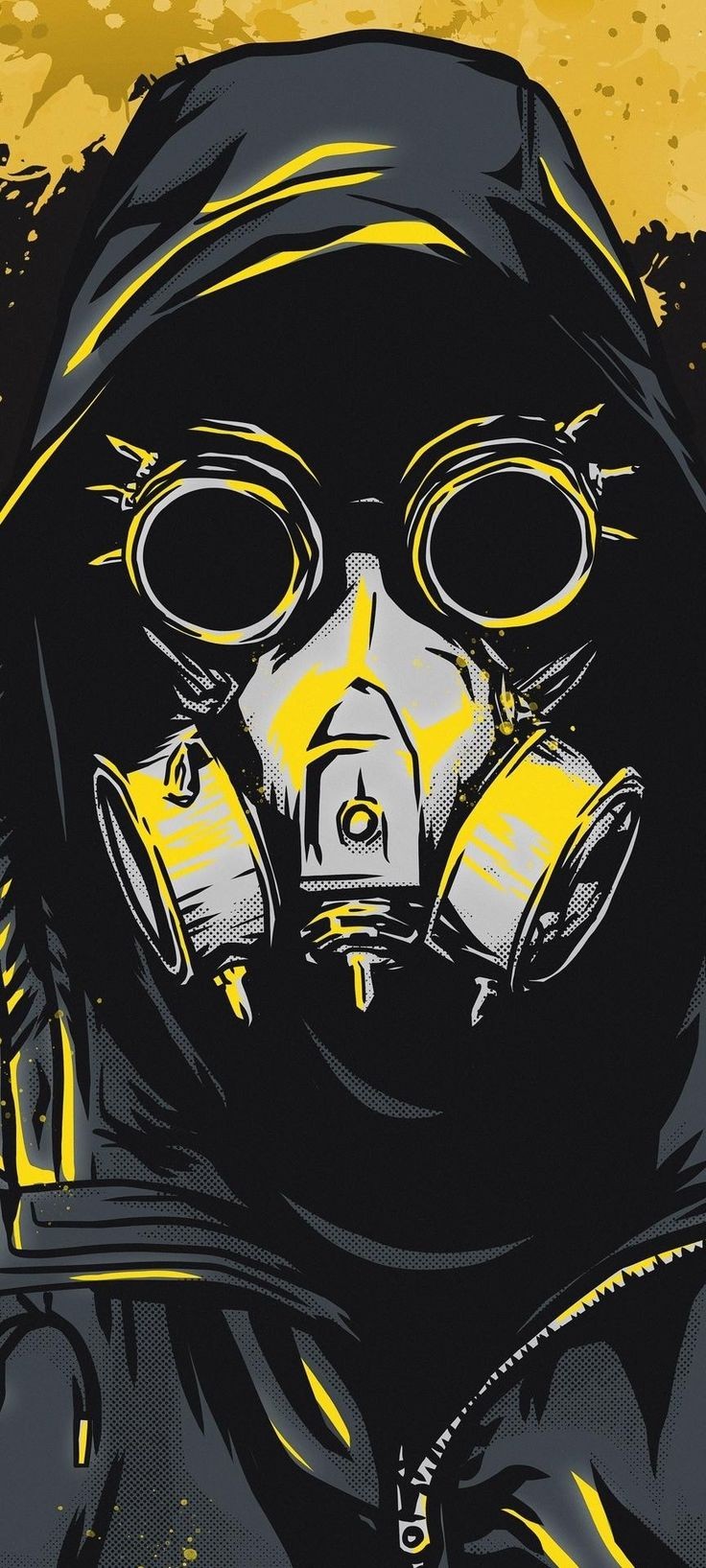 Stylized Gas Mask Figure in Hoodie with Yellow Accents