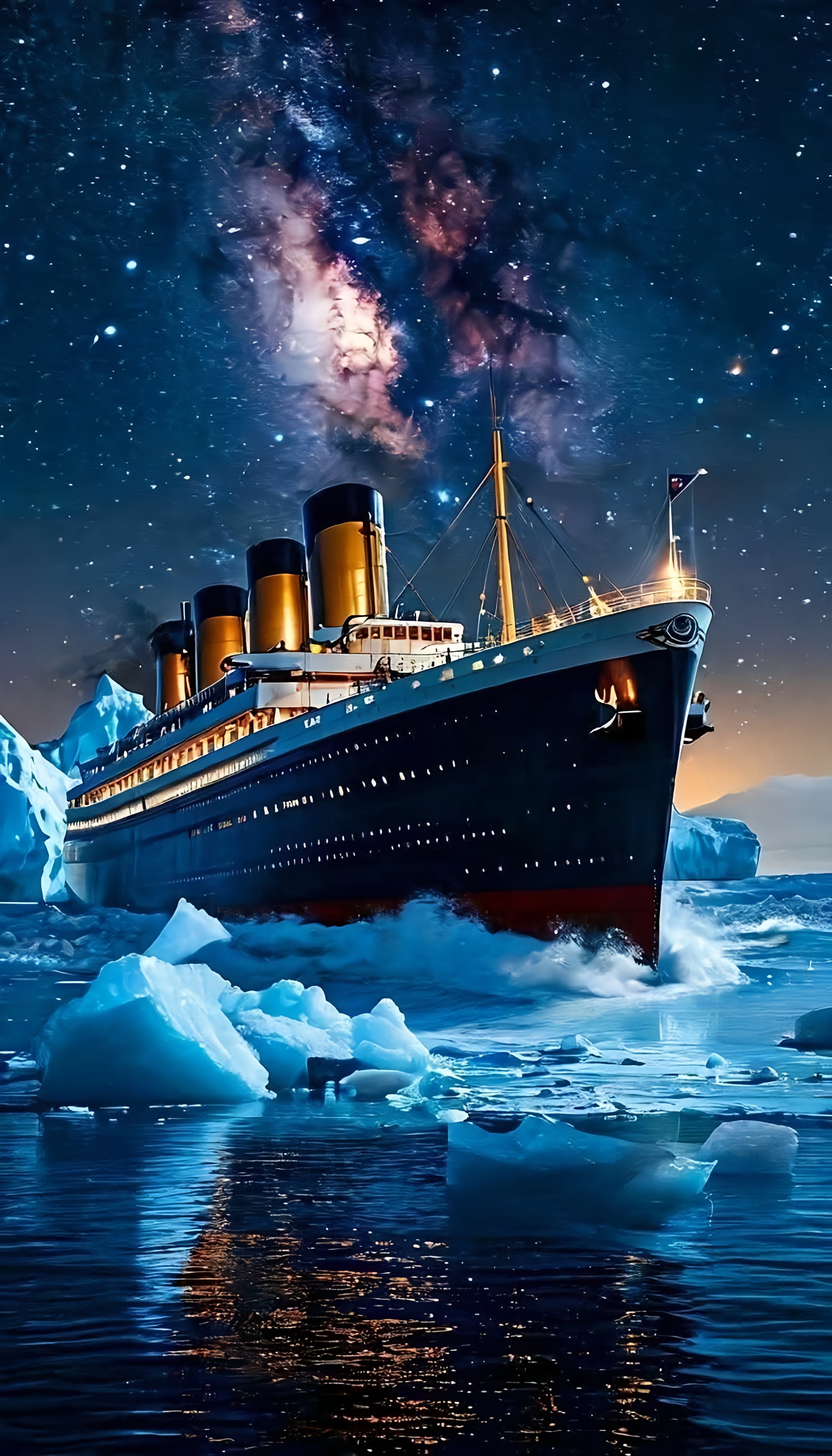 Titanic Amidst Icebergs Under a Starry Galactic Sky