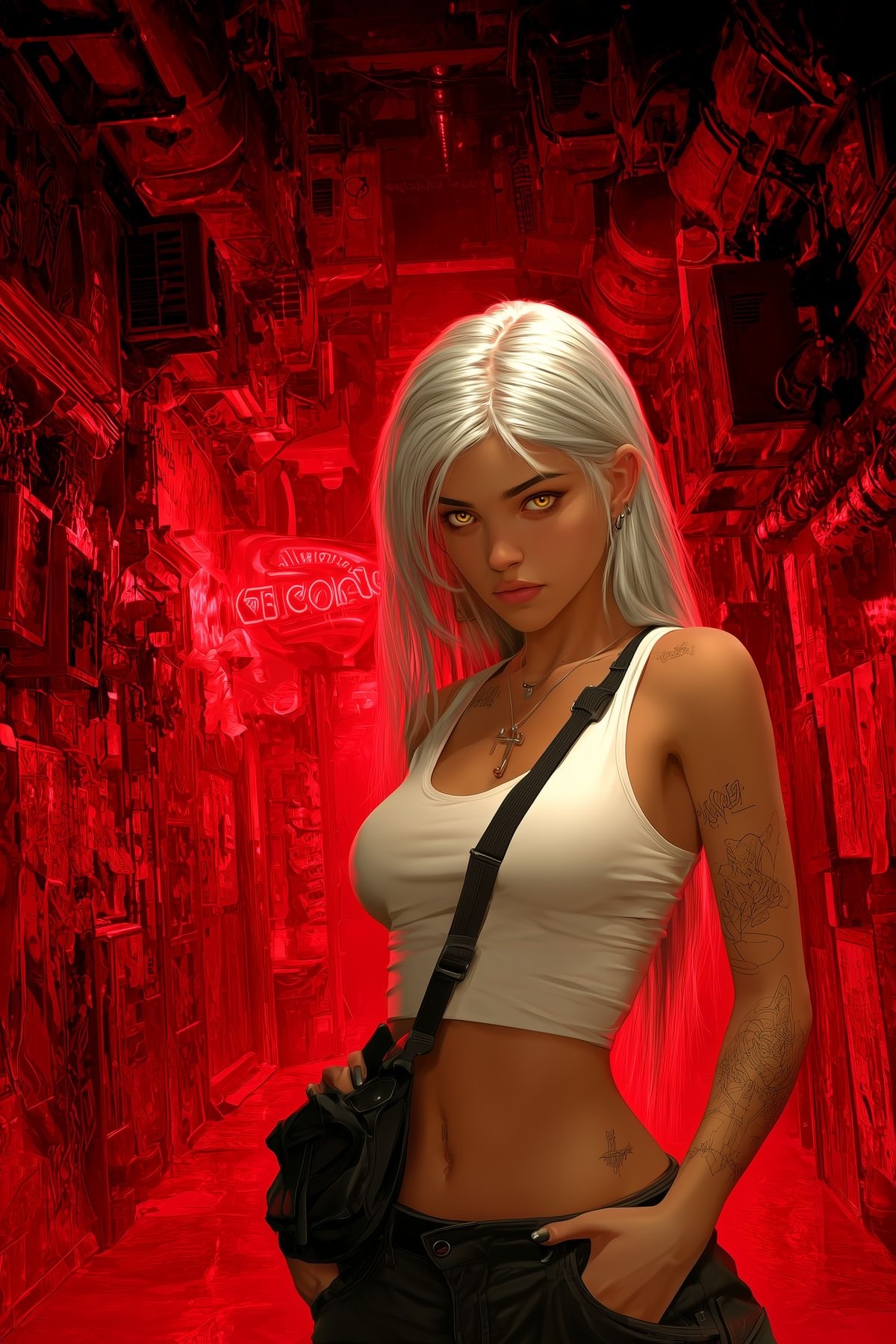 Woman with Tattoos and Bag Against Red Neon Glow