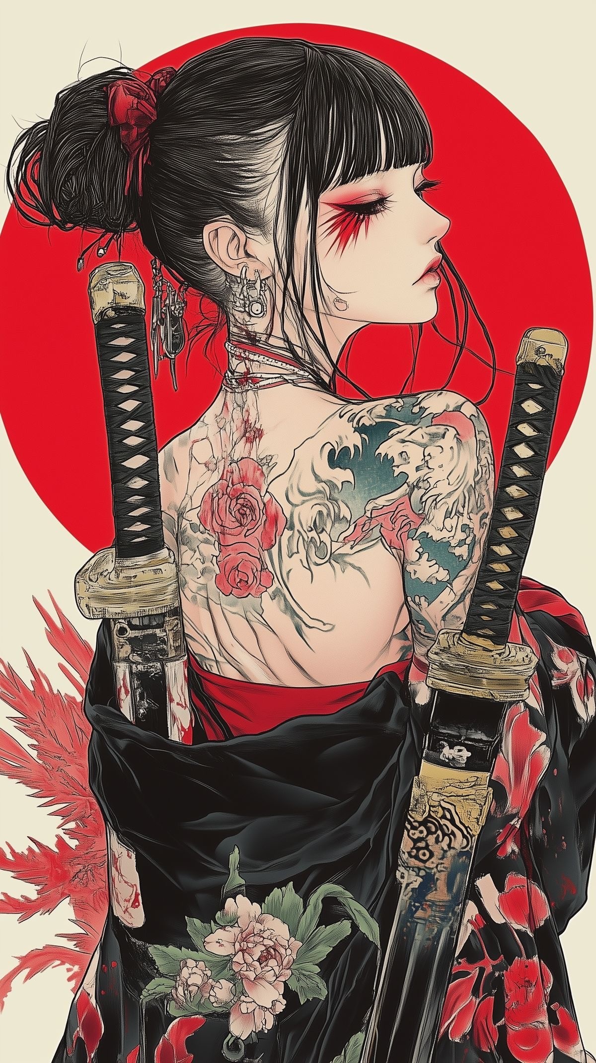 Yakuza-Style Female Warrior with Intricate Tattoos