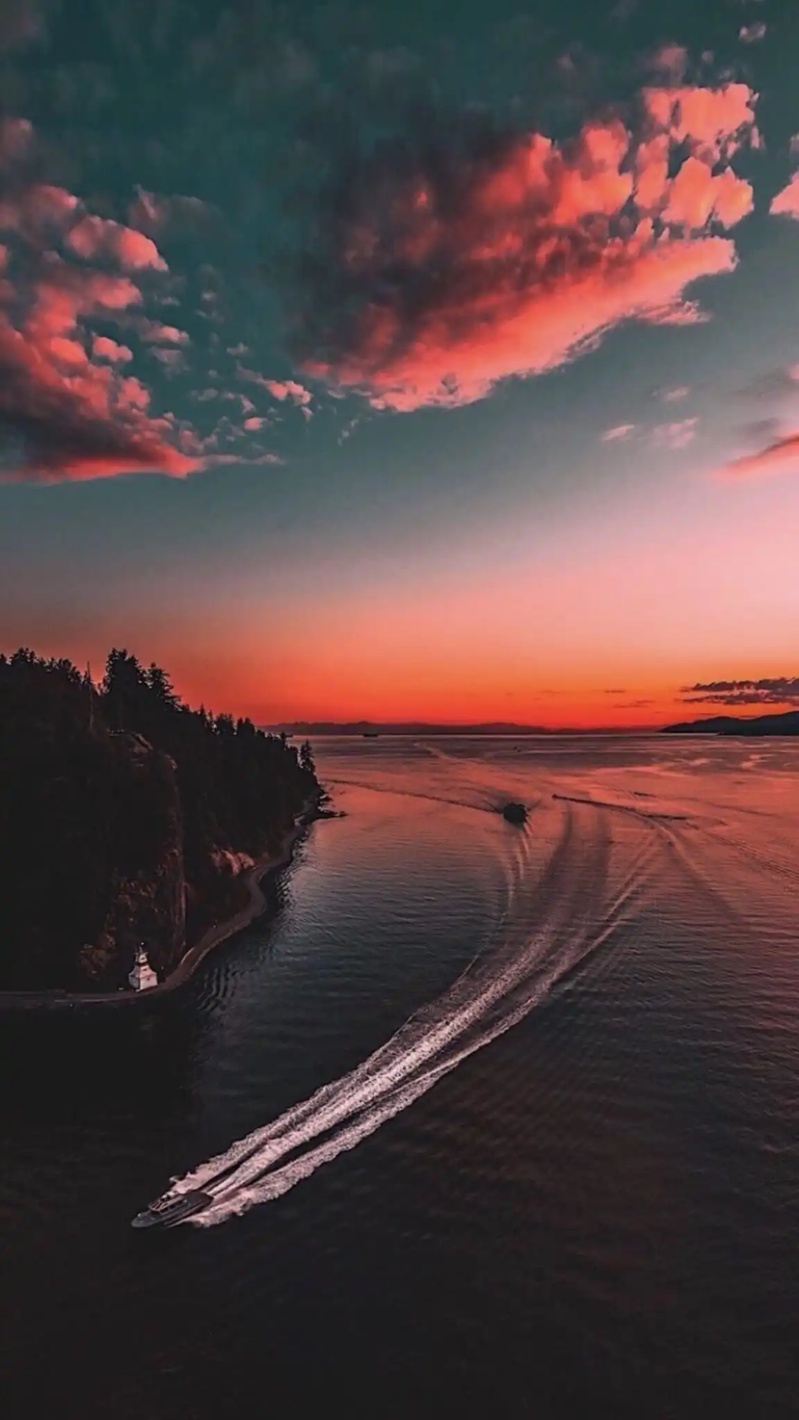 Aerial Coastal Bay Boat Wake at Sunset