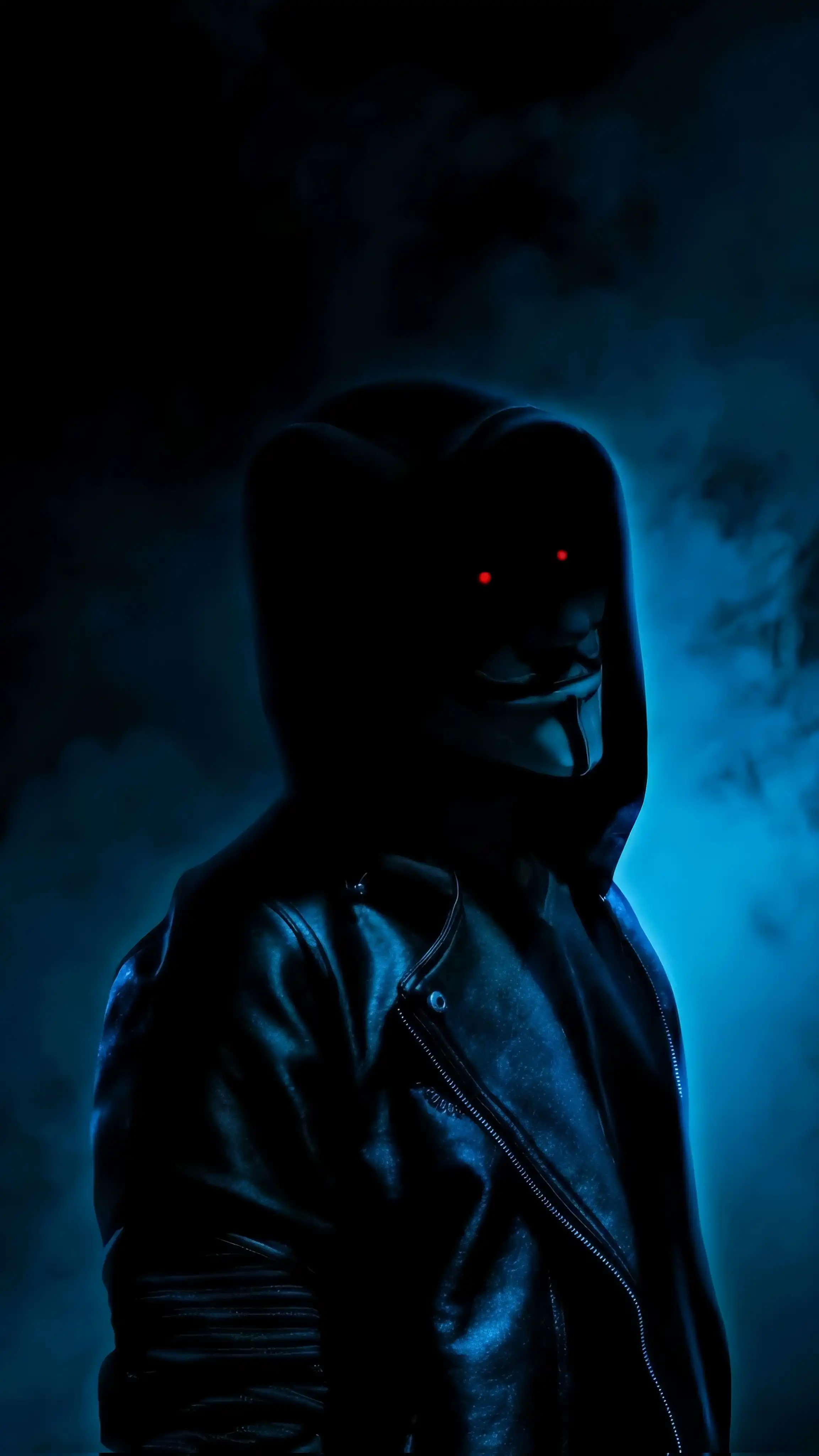 Anonymous Hoodie Red Eyes Blue Fog Dark 4K