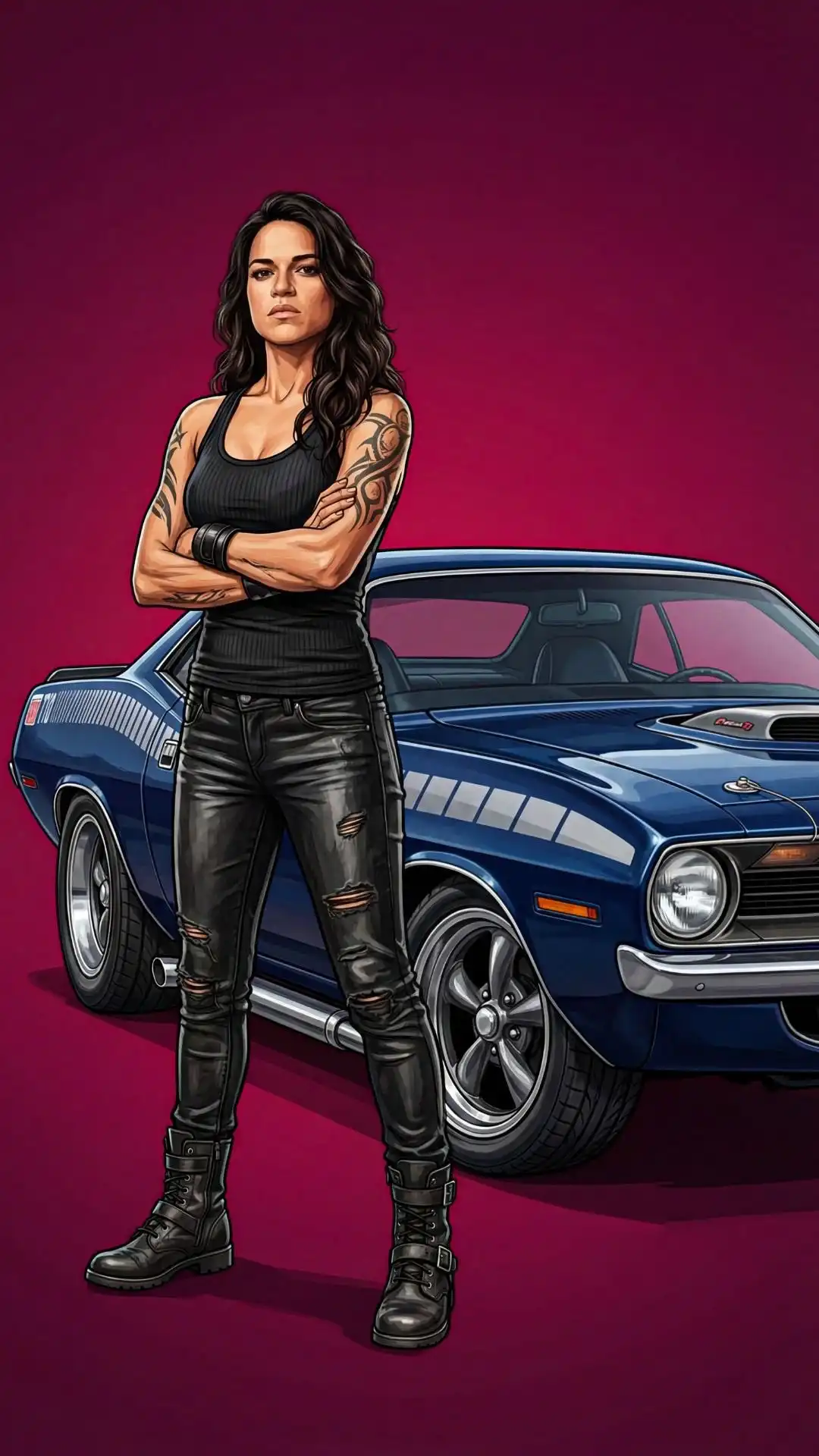 Badass Girl Muscle Car Neon Glow 4K
