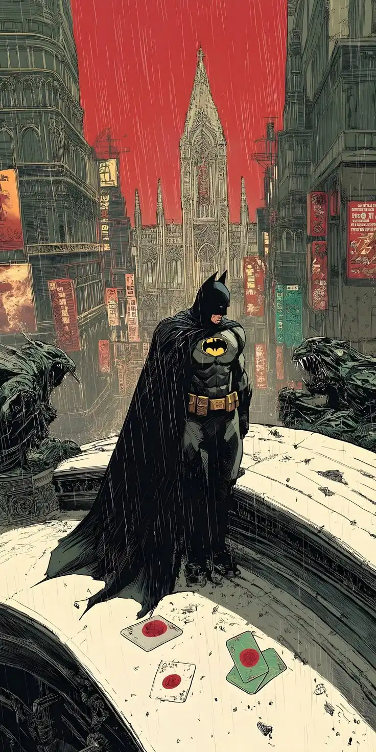 Batman Red Sky Gotham Rooftop Rain 4K