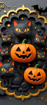 Black Cats with Glowing Eyes and Pumpkins