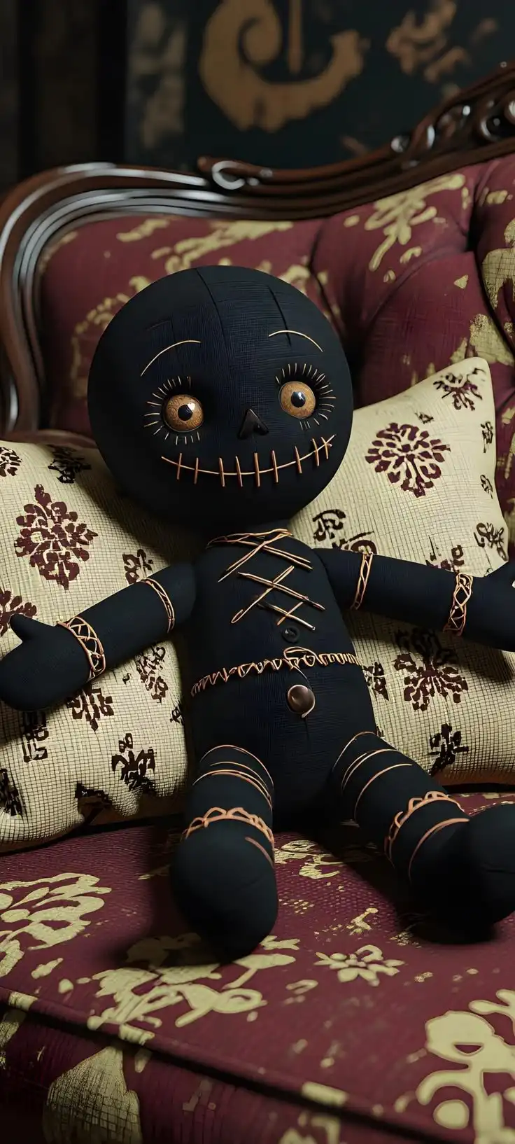 Black Voodoo Doll on Vintage Sofa